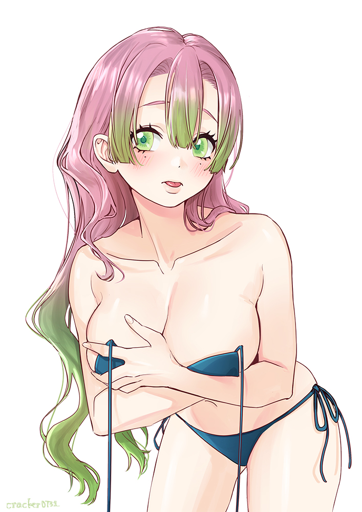 :p, 1girls, big breasts, bikini, blue bikini, blush, breasts, covering breasts, demon slayer, female, green eyes, hair down, kanroji mitsuri, kimetsu no yaiba, pink hair, pink-haired female, solo, swimsuit, tongue, tongue out, untied bikini