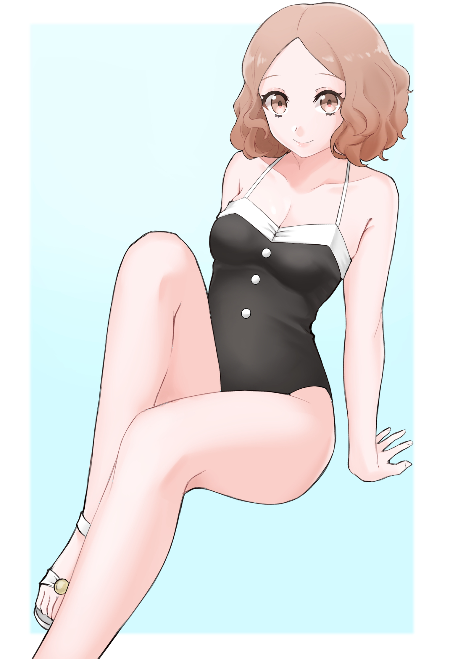 1girls, brown eyes, cleavage, female, female only, haru okumura, haru okumura (swimsuit strikers), light brown hair, light skin, looking at viewer, matching hair/eyes, one-piece swimsuit, persona, persona 5, persona 5 scramble: the phantom strikers, short hair, smile, sweat, swimsuit