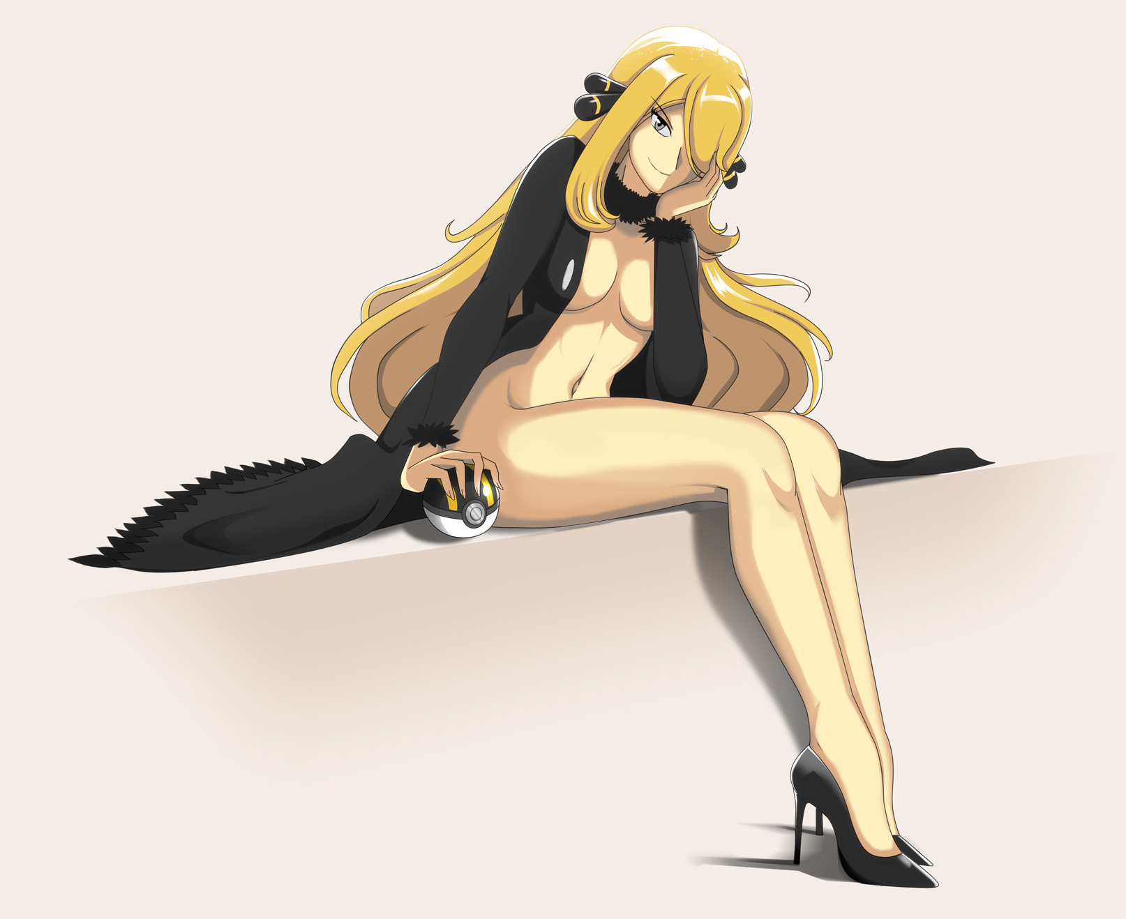 1girls, blonde hair, breasts, cynthia (pokemon), eye contact, female, functionally nude, grey eyes, high heels, human, legs, looking at viewer, naked coat, naked footwear, nintendo, pokemon, pokemon dppt, vivivoovoo, white background