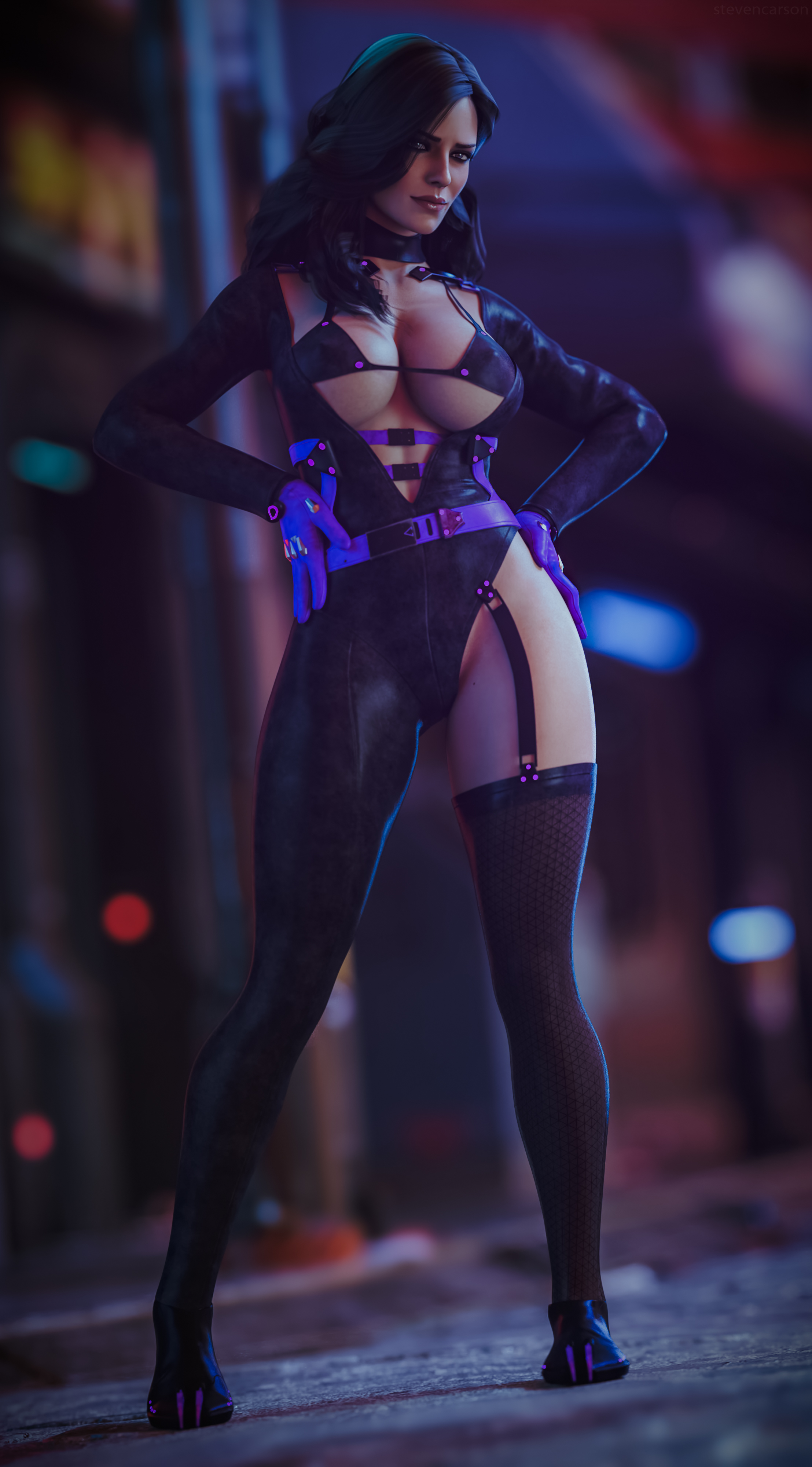 1girls, 3d, absurd res, bra, breasts, cd projekt red, cleavage, cyberpunk, female, female only, highres, large breasts, solo, solo female, spread legs, standing, stevencarson, the witcher (series), the witcher 3: wild hunt, yennefer