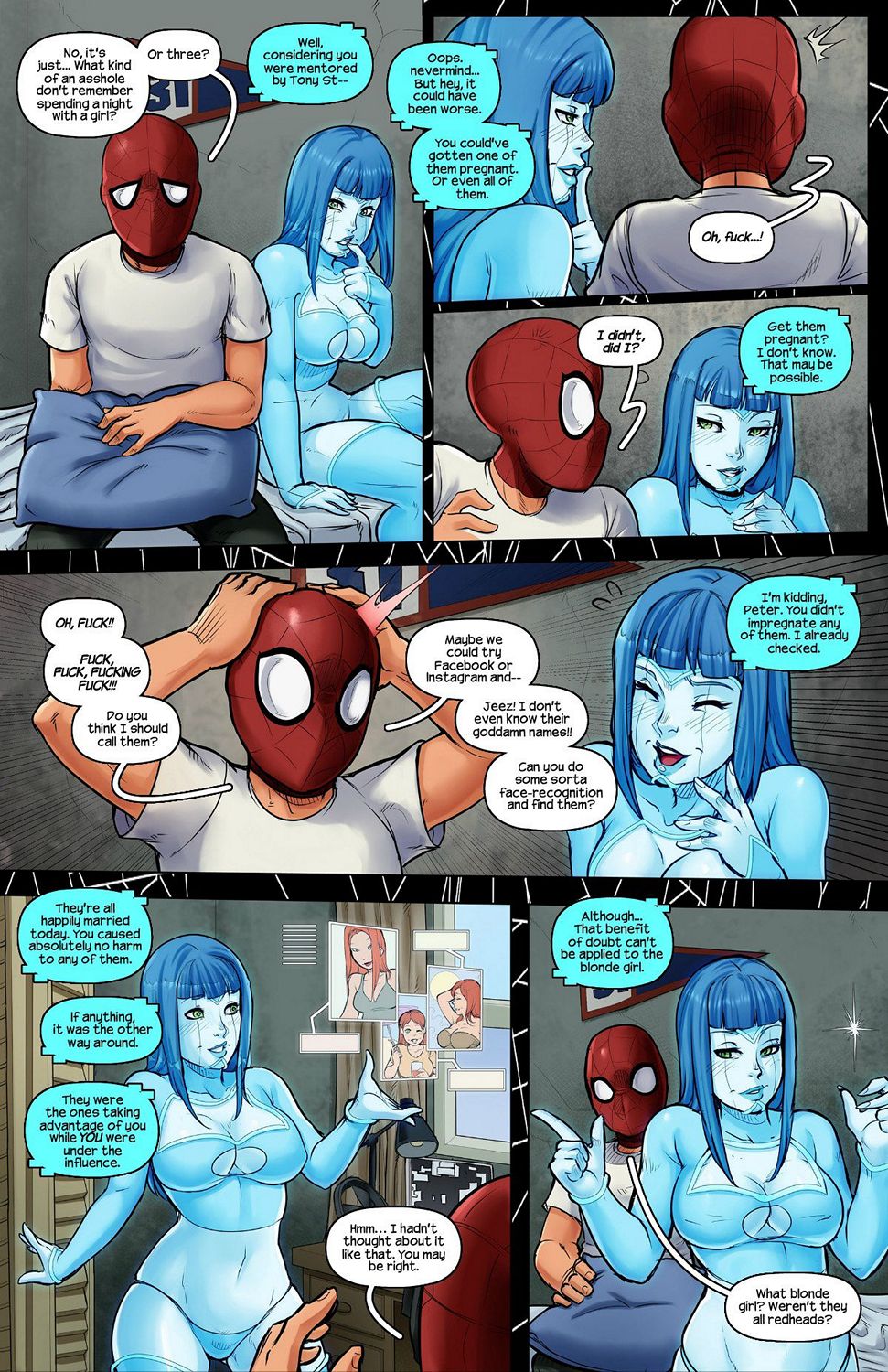 1boy artificial_intelligence avengers comic dialogue female hero hologram karen_(a.i.) light-skinned_male light_skin llamaboy male marvel marvel_cinematic_universe mature nipples original_character parody peter_parker red_hair solid_hologram speech_bubble spider-man spider-man:_far_from_home spider-man_(series) straight straight_hair thunkstudio tracyscops