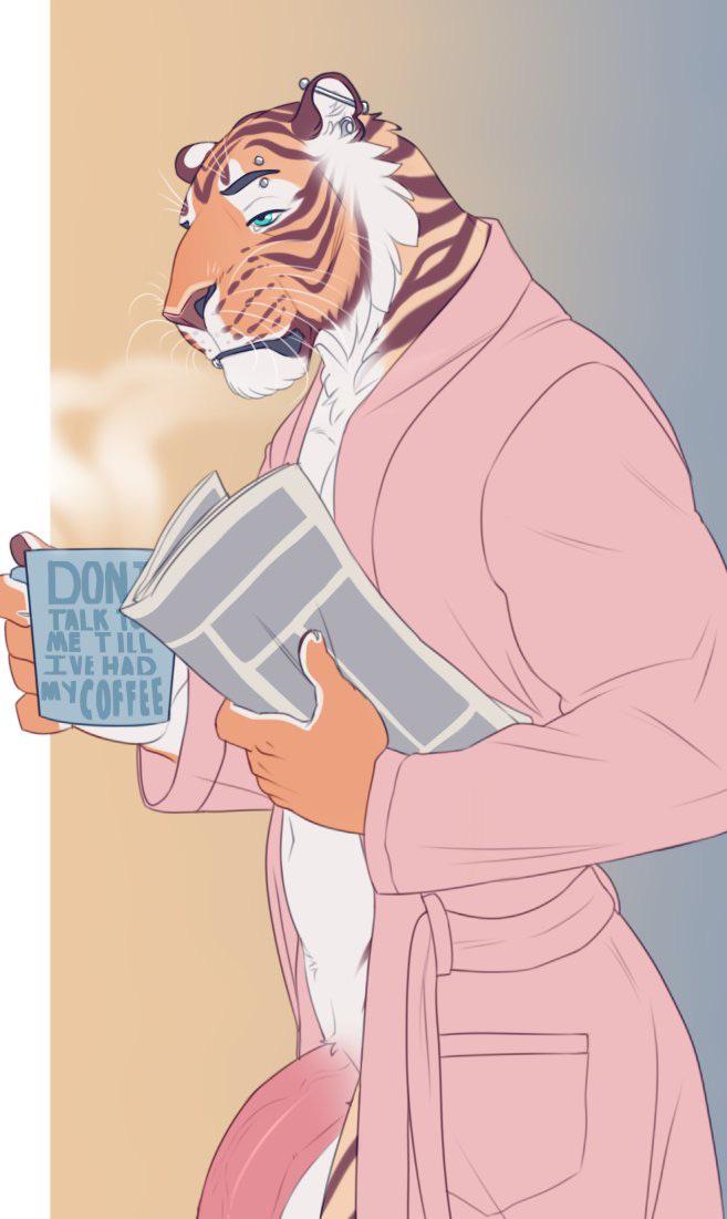 anthro bathrobe clothing cup felid genitals humanoid_genitalia humanoid_penis male mammal newspaper pantherine penis piercing pink_bathrobe pink_robe robe solo steam tiger unknown_artist