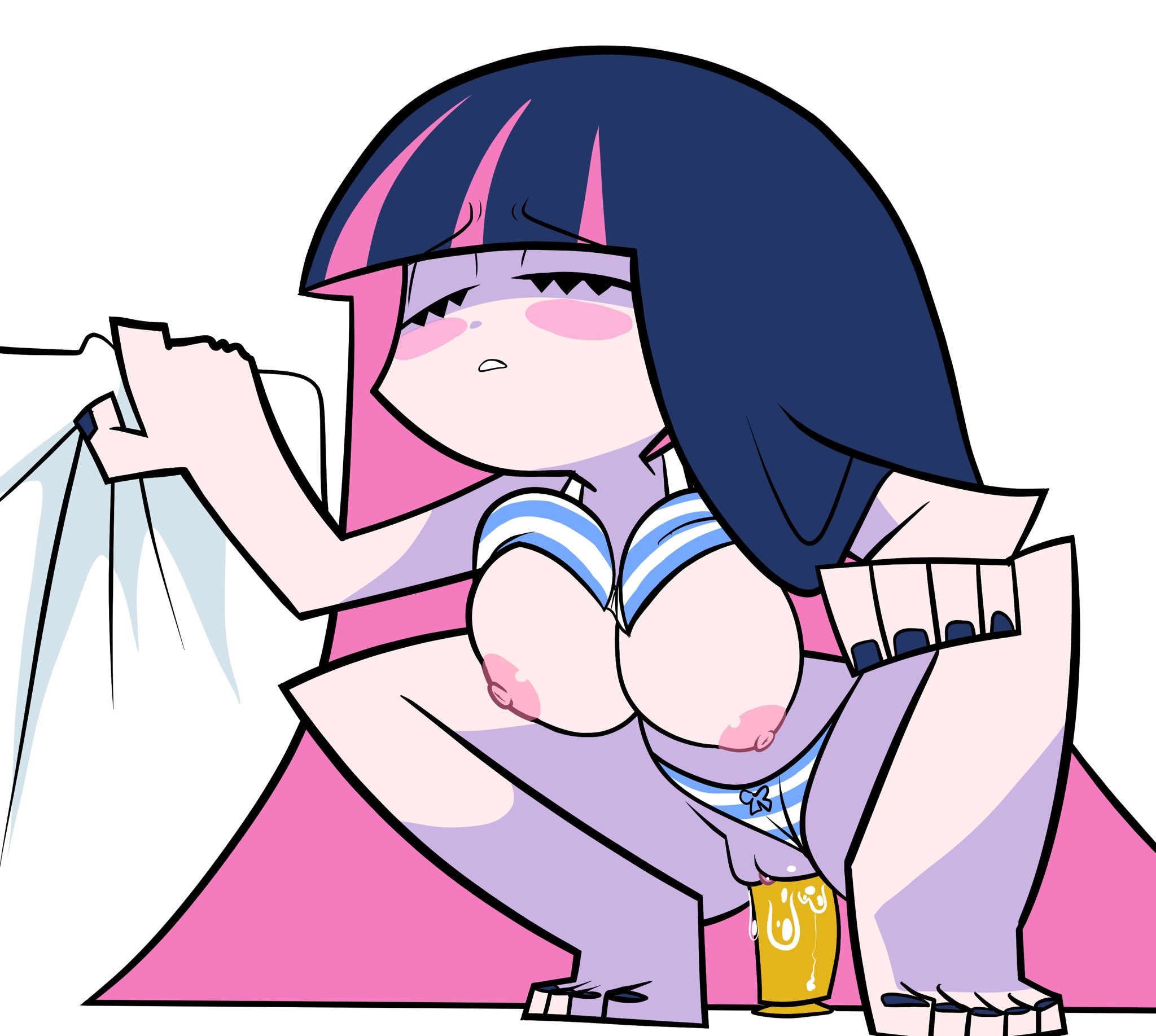 1girls, accurate art style, blue hair, blush, blush stickers, bow panties, bra, breasts, breasts out, clenched teeth, closed eyes, dildo, dildo sitting, drpizzaboi1, dx face, erect nipples, female, female masturbation, female only, long hair, masturbation, nail polish, nipples, panties, panties aside, panty & stocking with garterbelt, pink hair, pussy, pussy juice, sheet grab, solo, squatting, stocking anarchy, striped panties, two-tone hair, underwear, white background