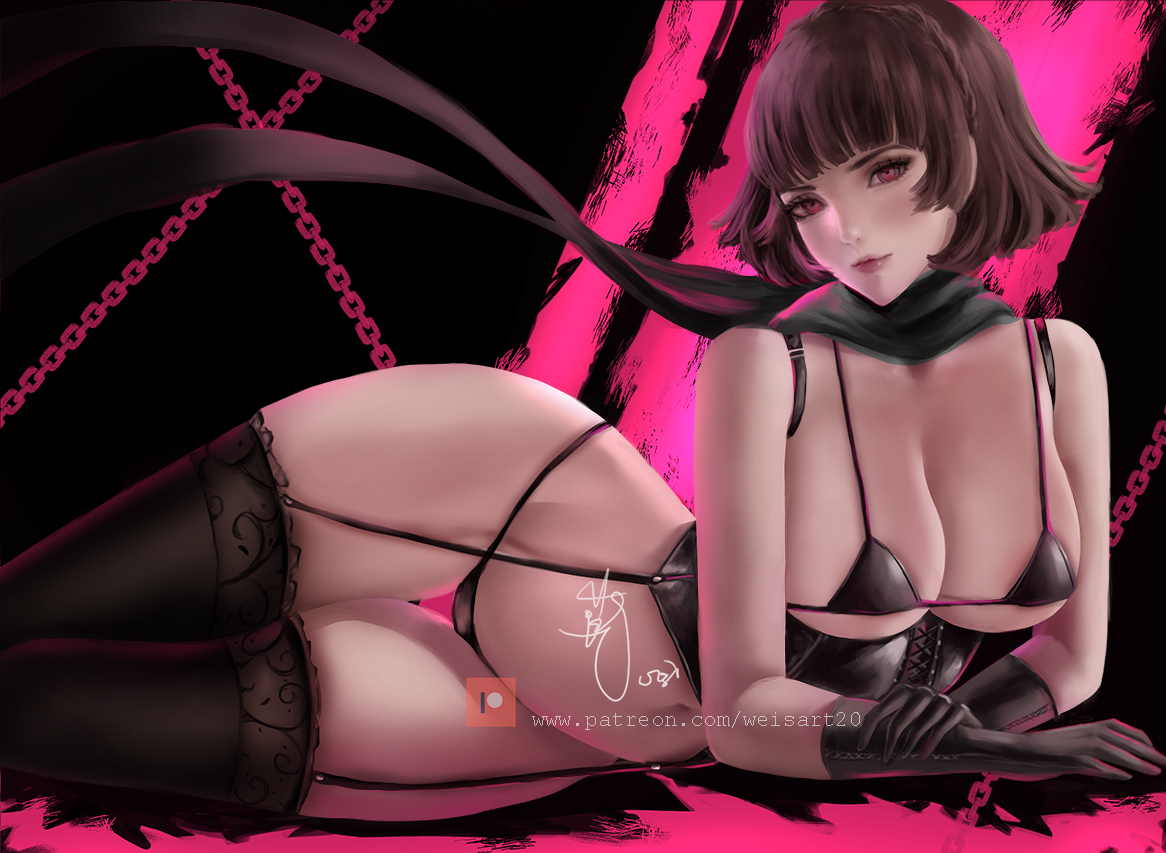 1girls, big breasts, braid, breasts, brown hair, corset, female, female only, garter belt, garter straps, gloves, hourglass figure, lingerie, looking at viewer, lying, makoto niijima, makoto niijima (queen), panties, persona, persona 5, presenting, red eyes, scarf, short hair, solo, solo female, solo focus, stockings, thick thighs, thighhighs, weisart