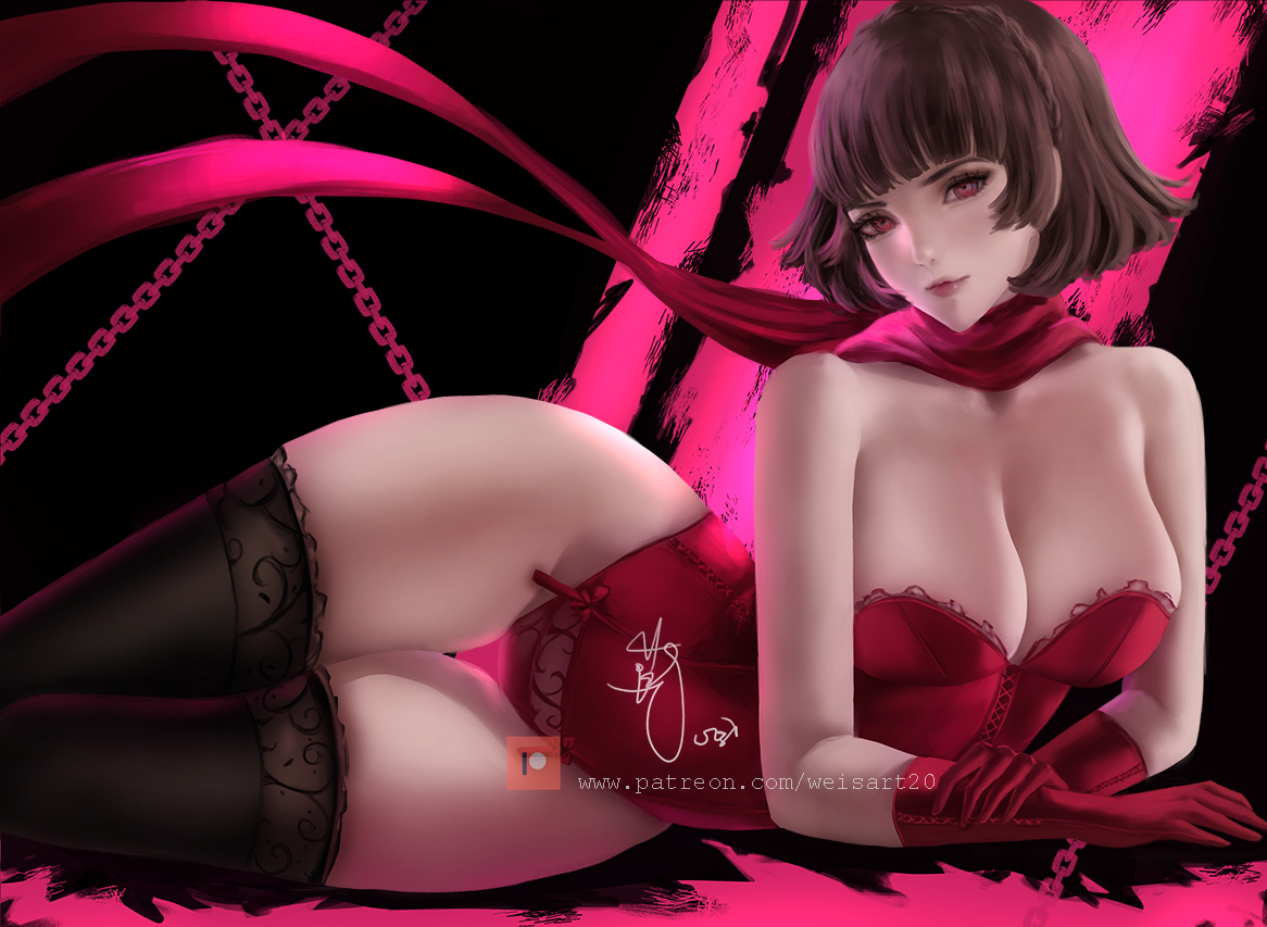 1girls, big breasts, braid, breasts, brown hair, bustier, corset, female, female only, gloves, leotard, lingerie, looking at viewer, lying, makoto niijima, persona, persona 5, presenting, red eyes, scarf, short hair, solo, solo female, solo focus, stockings, thick thighs, thighhighs, weisart