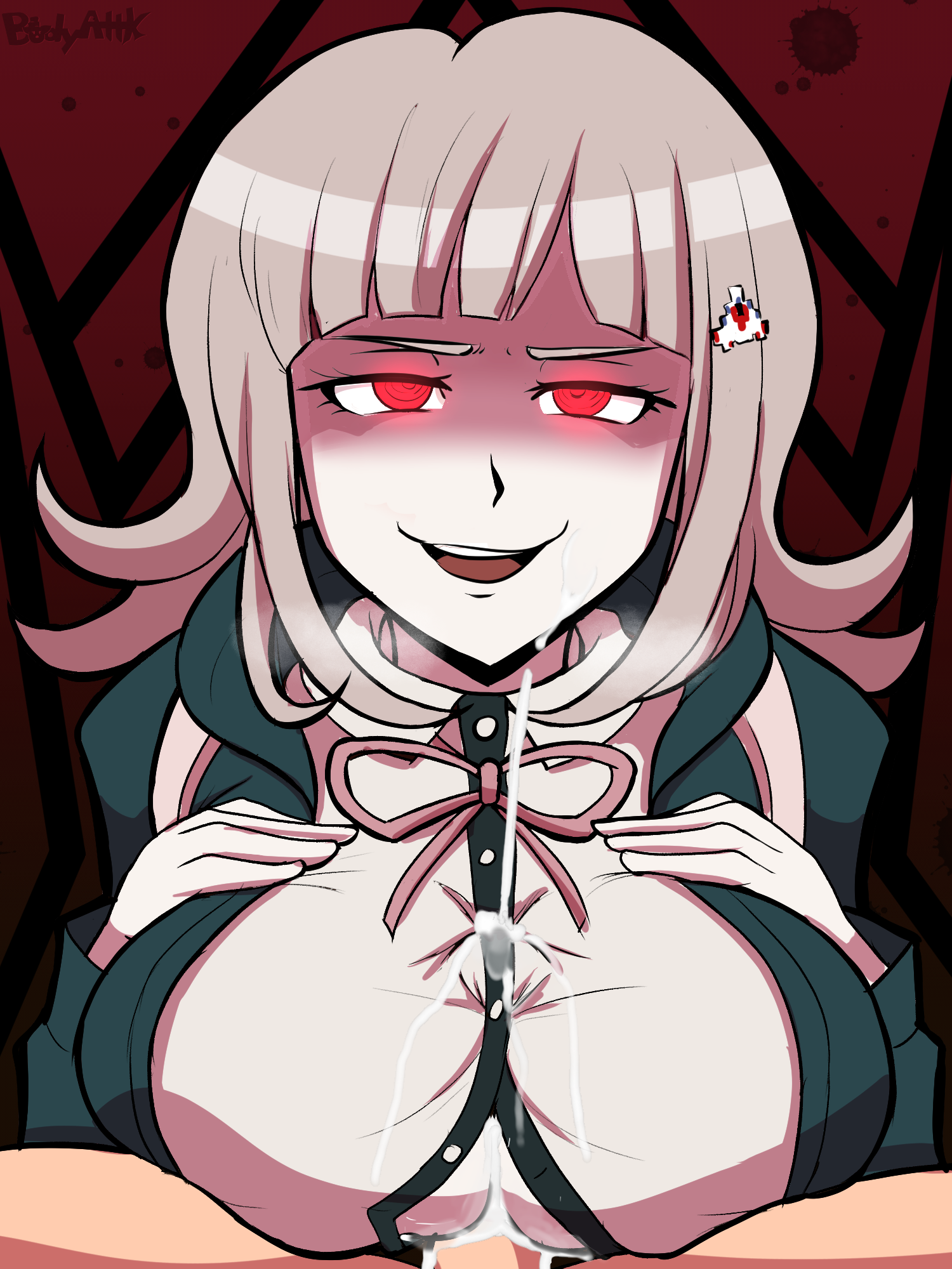 1boy, 1girls, blush, bodyattk, breasts, clothed female nude male, cum, cum through clothes, cumshot, danganronpa, danganronpa 2: goodbye despair, evil, eye contact, female, glowing eyes, grey hair, male, male pov, nanami chiaki, open mouth, paizuri, paizuri under clothes, pov, red eyes, straight hair