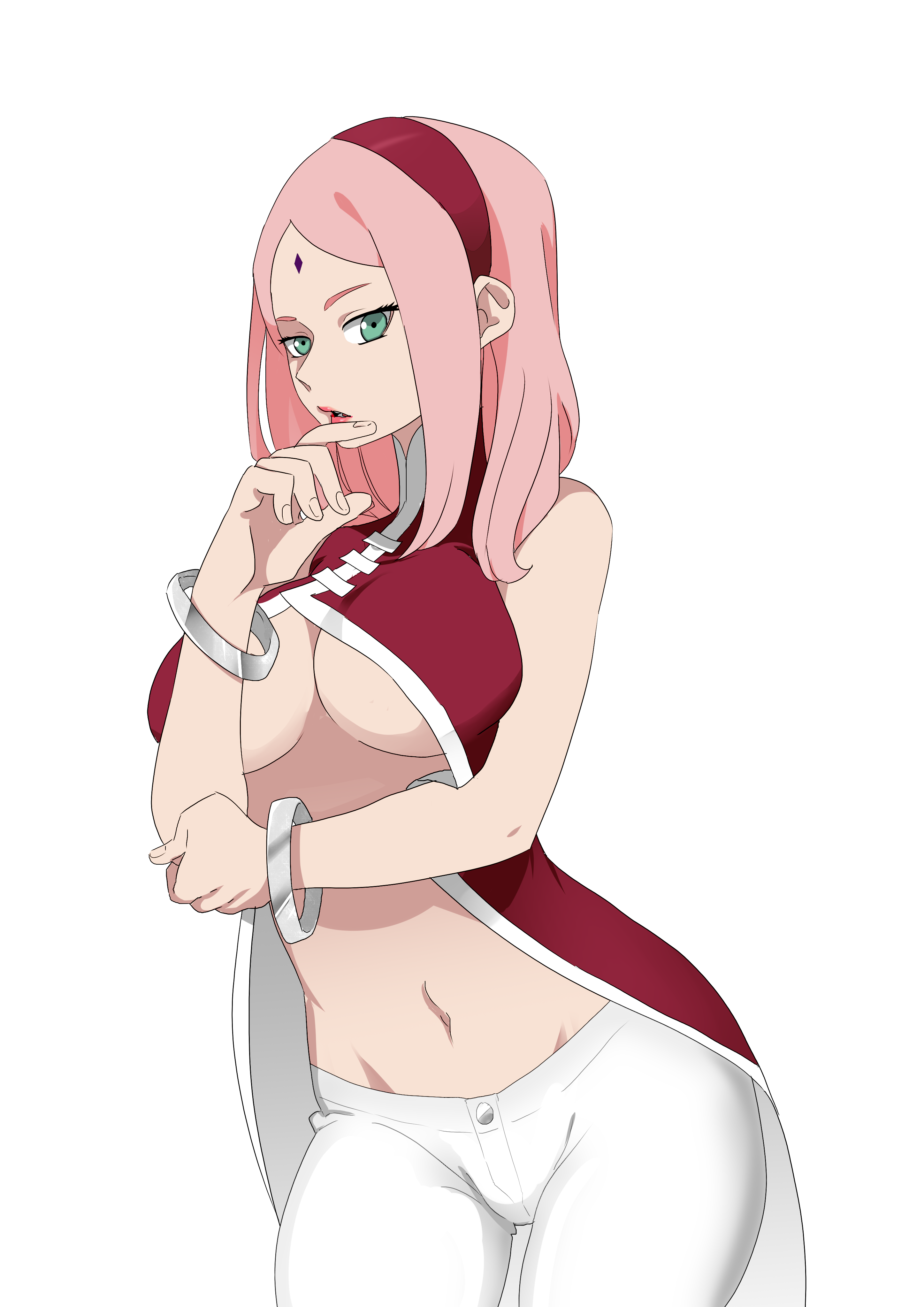 1girls, big breasts, boruto: naruto next generations, bracelet, breasts, clothing, dress, facial mark, female, female only, forehead mark, goldstar-chan, green eyes, hairband, lipstick, looking at viewer, makeup, milf, mother, naruto, naruto (series), navel, no bra, pants, pink hair, red lips, sakura haruno, solo, underboob