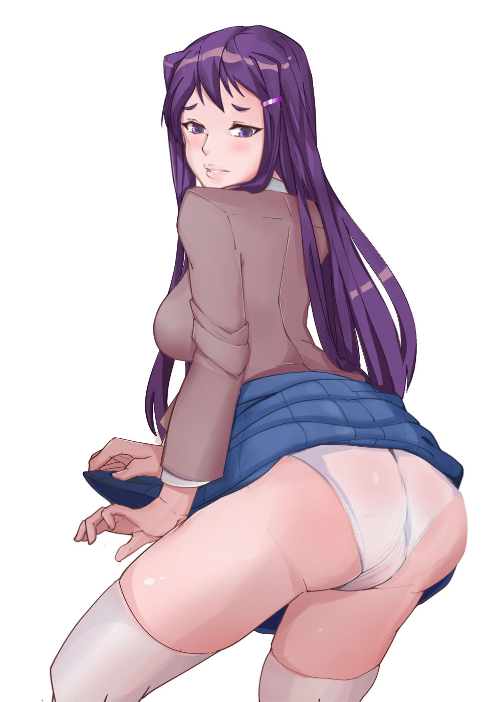 1girls, ass, blue skirt, blush, doki doki literature club, female, female only, kayceet, light skin, light-skinned female, lips, long hair, looking back, pale skin, pale-skinned female, panties, purple eyes, purple hair, school uniform, shy, solo, solo female, thighhighs, upskirt, white panties, yuri (doki doki literature club)
