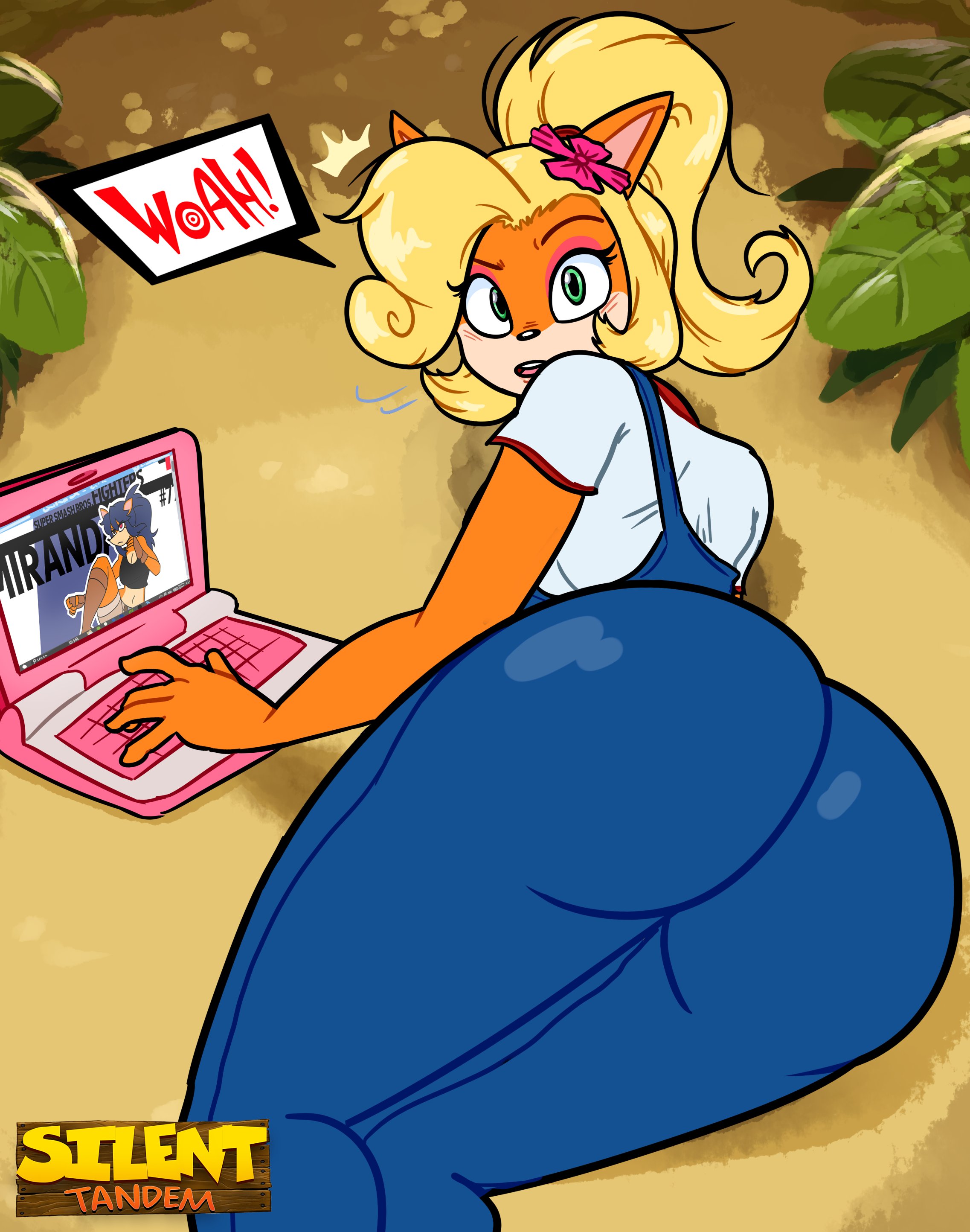 1girls, activision, anthro, ass, bandicoot, big ass, blonde hair, clothing, coco bandicoot, computer, crash (series), electronics, female, flower, flower in hair, fully clothed, laptop, long hair, orange fur, silenttandem, speech bubble, surprised, text