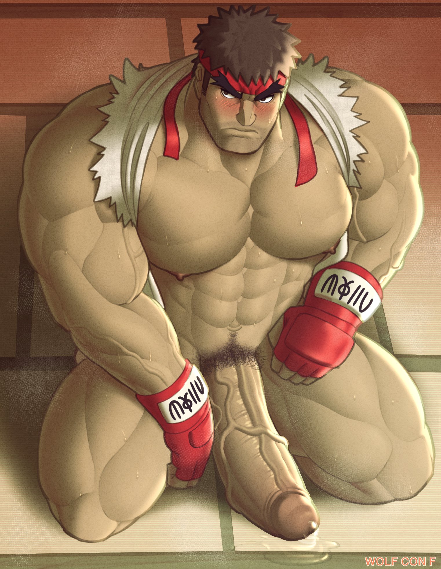 bara, big penis, boner, erection, facial hair, gay, hands on thighs, headband, looking to the side, male, male only, on knees, penis, precum, precum pool, pubic hair, ryu (street fighter), shirt pulled behind neck, solo, spread legs, street fighter, sweating, veins, veiny penis, wolf con f, yaoi