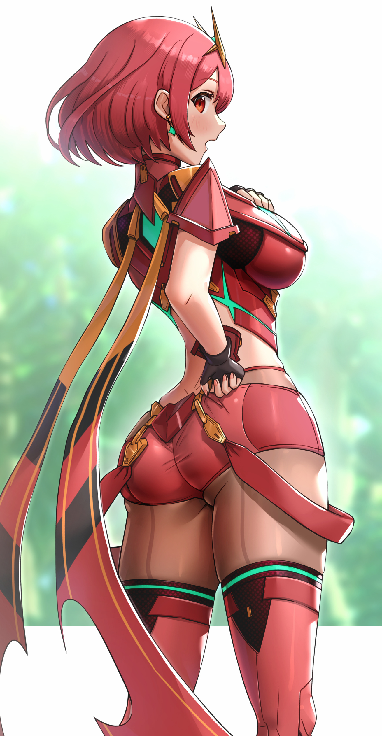 1girls, 2021, ass, back, back view, backless outfit, bangs, blush, breasts, clothed, clothed female, female, female only, gonzarez, hair ornament, huge breasts, looking at viewer, looking back, looking over shoulder, nintendo, open mouth, outdoors, pyra, red clothing, red eyes, red hair, short hair, short shorts, shorts, sideboob, simple background, suspenders, suspenders hanging, swept bangs, thick thighs, thigh boots, thighs, tiara, xenoblade (series), xenoblade chronicles 2
