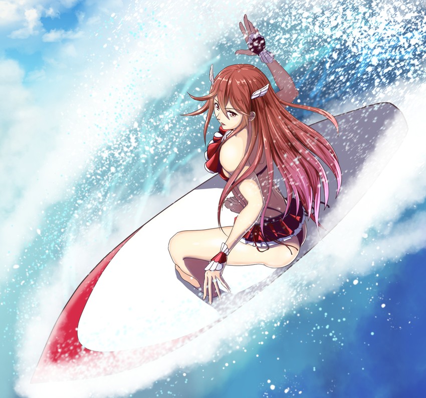 1girls arms_spread ass athletic_female balancing barefoot bent_knees bikini bikini_bottom bikini_top blue_sky clouds cordelia_(fire_emblem) cordelia_(summer)_(fire_emblem) female fire_emblem fire_emblem_awakening fire_emblem_heroes flowing_hair hair_between_eyes hair_ornament nintendo ocean overhead_view red_eyes red_hair ruffled_skirt ruffles seashell short_skirt solo sukkirito_(rangusan) surfboard surfer surfing very_long_hair wave wave_ride waves