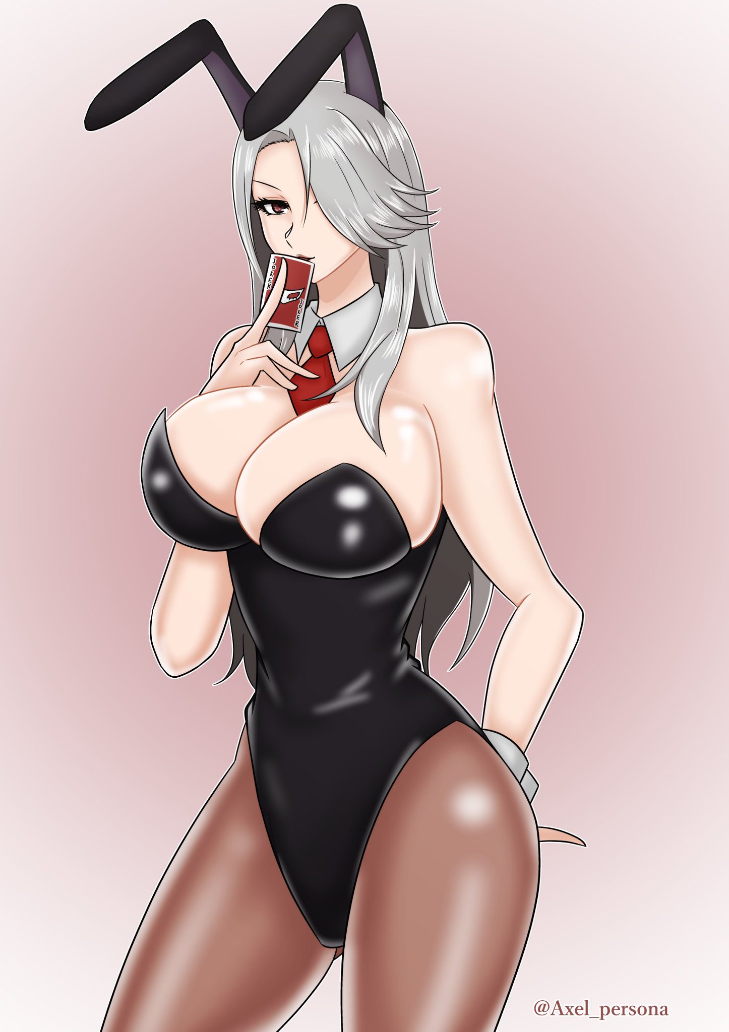 1girls, 2d, artist name, axel persona, big breasts, breasts, bunny ears, bunnysuit, cleavage, female, grey hair, holding card, holding object, huge breasts, leggings, light skin, long hair, looking at viewer, necktie, necktie between breasts, persona, persona 5, purple eyes, red eyes, sae niijima, silver hair, solo, solo female, tie