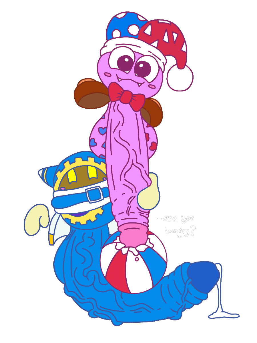 2boys balls blush cute cyanu dialogue digital_media_(artwork) erection fangs foreskin gay gigaboy hyper hyper_balls hyper_penis imminent_sex kirby_(series) magolor marx nintendo penis precum retracted_foreskin standing_on_penis strong uncut veins