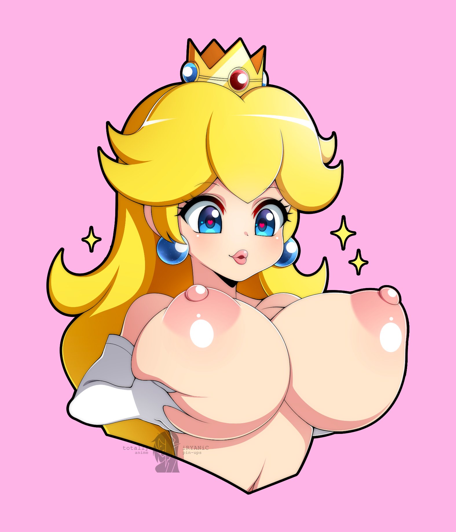 1girls, big breasts, blonde hair, blue eyes, blush, breast focus, breast grab, breasts, busty, crown, cute, ear piercing, earrings, elbow gloves, erect nipples, eyebrows visible through hair, eyelashes, female, female only, gloves, heart, heart-shaped pupils, highres, huge breasts, human, human only, iryanic, light skin, light-skinned female, long hair, looking at breasts, looking down, mario (series), nintendo, nipples, open mouth, pale skin, pale-skinned female, perky breasts, pink background, pink nipples, princess peach, simple background, smile, solo, solo female, staring at breasts, topless, upper body, white gloves