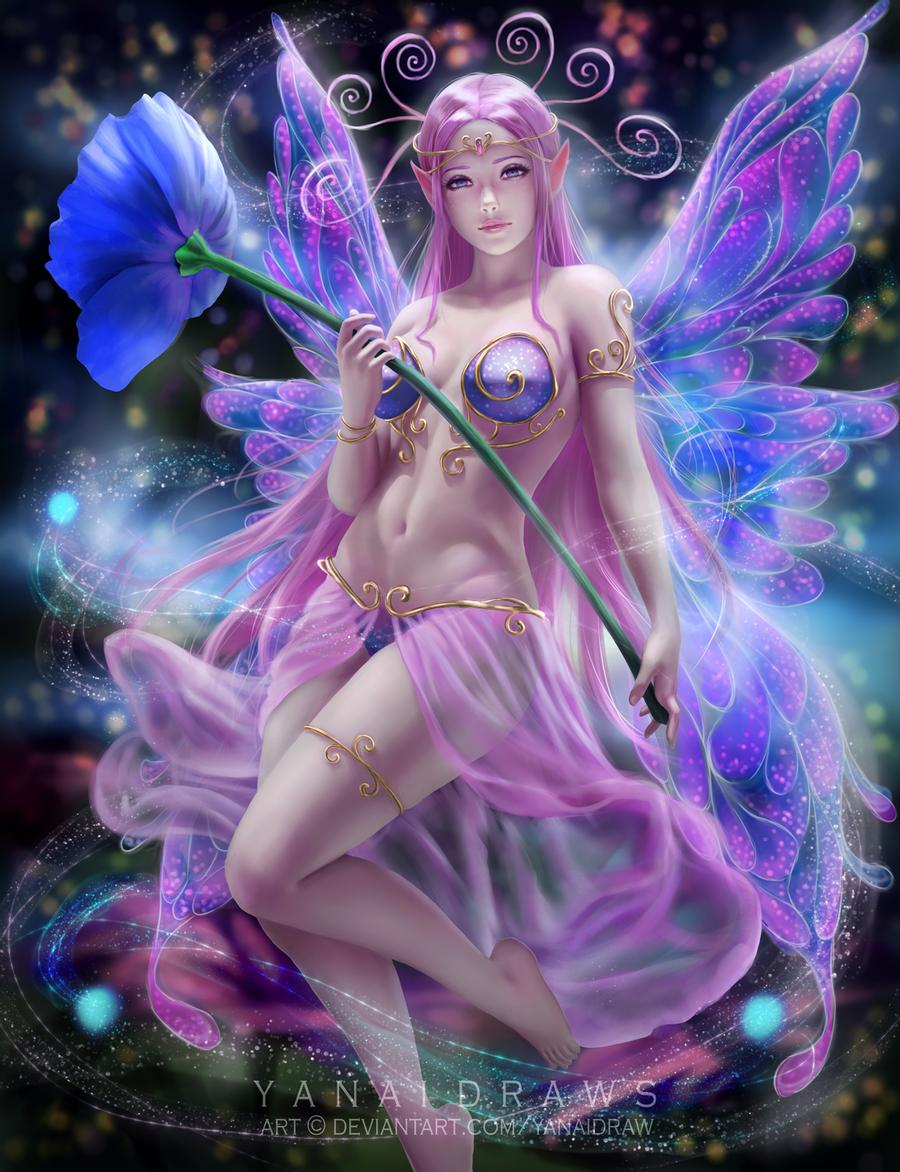 belly bikini fairy flower large_breasts lavender_hair light_purple_hair long_legs looking_at_viewer magic navel original original_character pointy_ears transparent_clothing wings yanaidraws