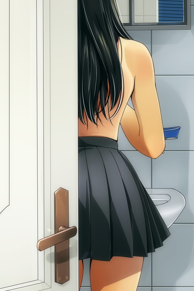 1girls, back, bare shoulders, bathroom, black hair, black skirt, female, from behind, long hair, matsunaga kouyou, no bra, open door, original, pleated skirt, skirt, solo, standing, tan, tanline, tile wall, tiles, topless