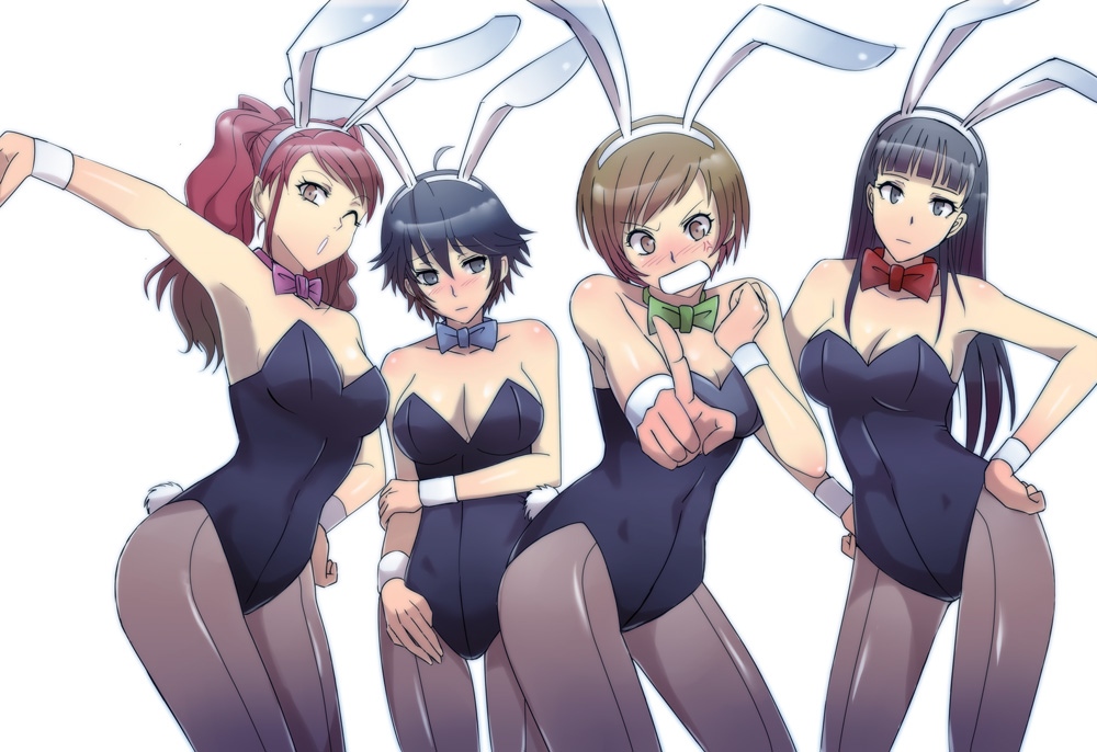 4girls amagi_yukiko angry atlus blush bunnysuit cleavage clothing embarrassed female female_only human investigation_team kujikawa_rise multiple_girls persona persona_4 satonaka_chie shirogane_naoto