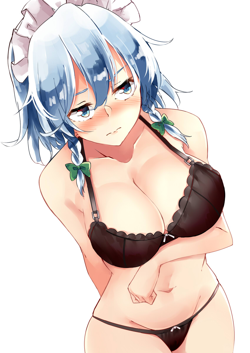 1girls blue_eyes blue_hair blush breasts deetamu large_breasts maid sakuya_izayoi short_hair solo touhou underwear white_background