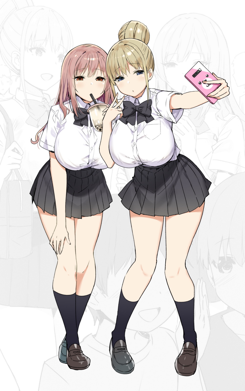 2girls big_breasts blonde_hair drinking hinano_(sky_(freedom)) joshi_kōsei_rich_thots kaori_(sky_(freedom)) multiple_girls original pink_hair school_uniform schoolgirl selfie short_hair skirt sky_(freedom) thick_thighs