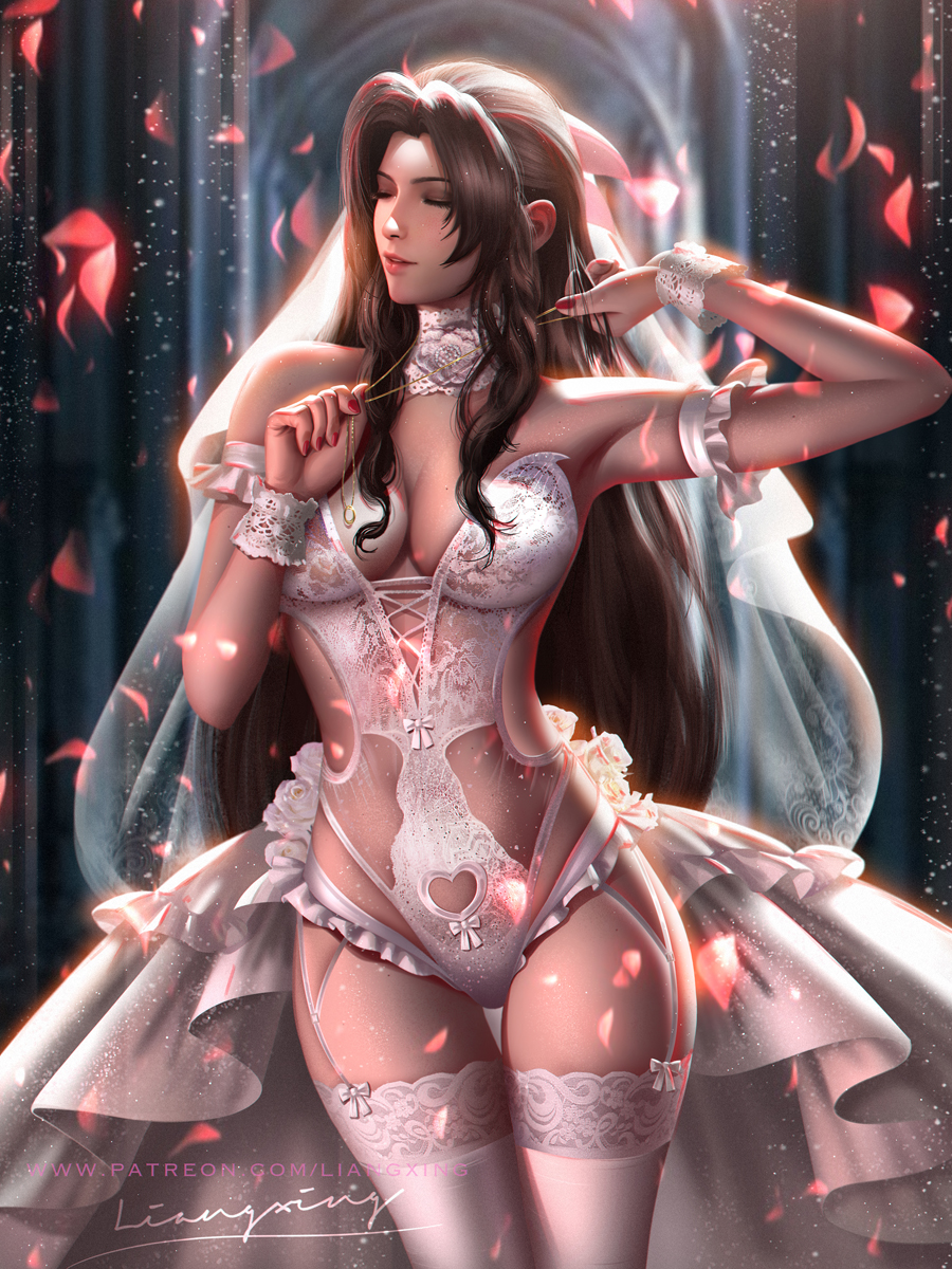 1girls, aerith gainsborough, breasts, bride, brown hair, cleavage, closed eyes, female, female only, final fantasy, final fantasy vii, final fantasy vii remake, lace, liang xing, lingerie, long hair, solo, square enix, thighhighs, wedding dress, wide hips