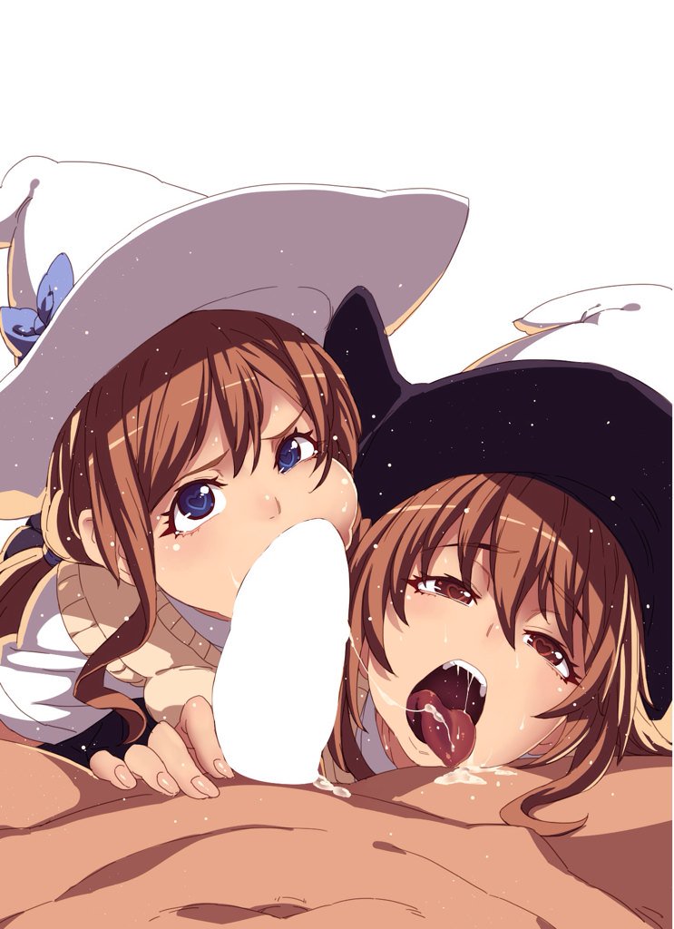 1boy 2girls blue_bow blue_eyes bow brown_eyes brown_hair character_request cheek_bulge clothed_female_nude_male collaborative_fellatio copyright_request cum cum_in_mouth cum_on_tongue cum_string fellatio hair_between_eyes hat hat_bow heart heart-shaped_pupils light_censor looking_at_viewer multiple_fellatio multiple_girls nude oral penis pov shirt simple_background straight sweater_vest symbol-shaped_pupils tasaka_shinnosuke teamwork tongue tongue_out upper_teeth vest white_background white_headwear white_shirt yellow_vest