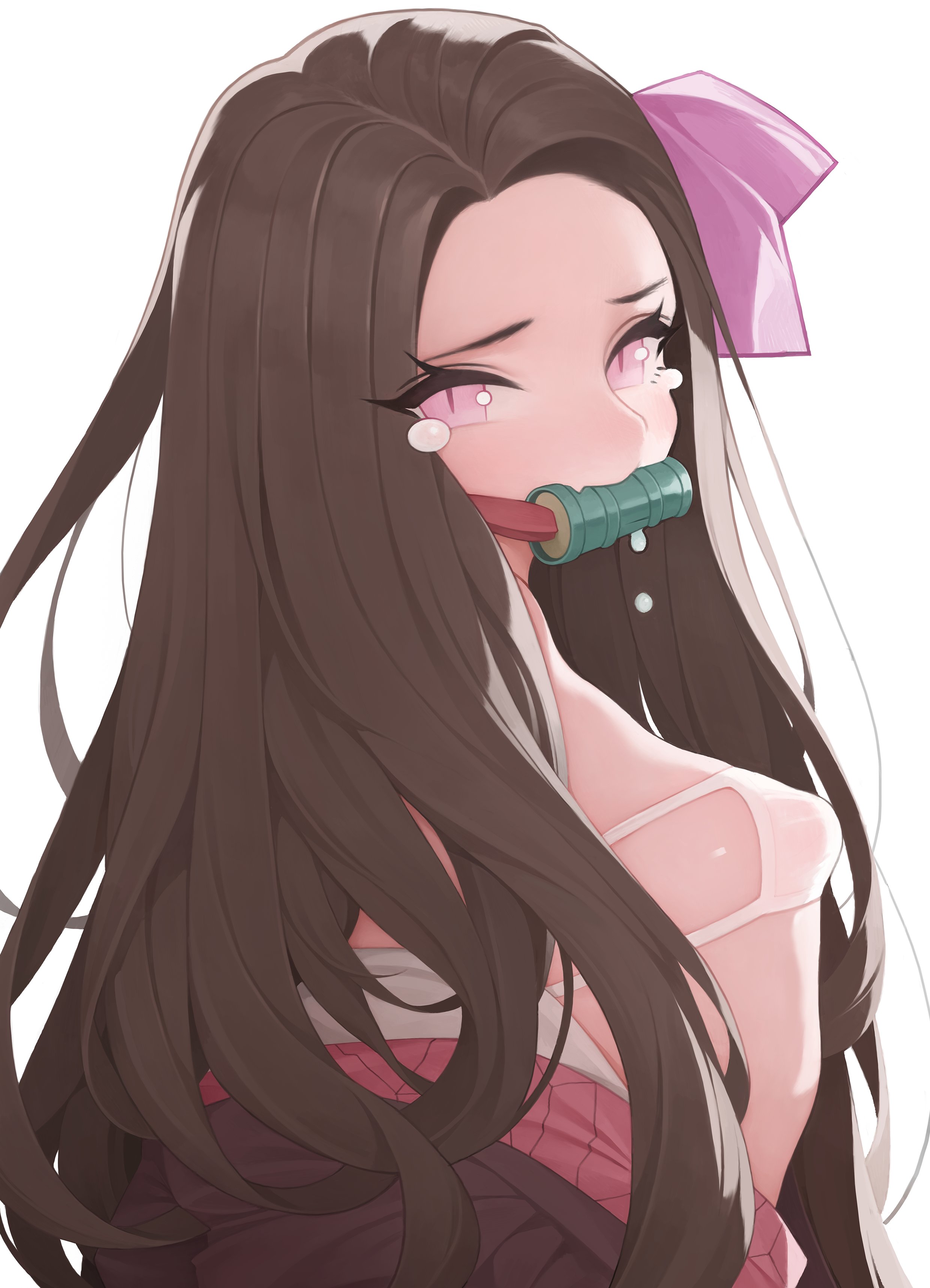 bikini, breasts, crying, dark hair, demon slayer, eyepatch bikini, female, female only, gag, gagged, hair ribbon, haori, kamado nezuko, kimetsu no yaiba, kimono down, long hair, looking at viewer, pink eyes, rabbit (wlsdnjs950), slit pupils, small breasts, solo, tears, white bikini