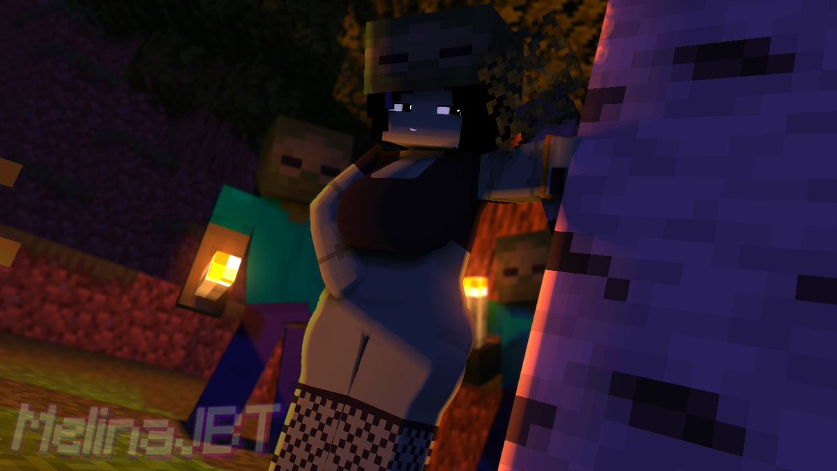 2boys 3d big_breasts bottomless brown_t-shirt character female forest green_body green_skin melinajbt mine-imator minecraft monster monster_girl night no_panties outdoors pussy red_eyes stockings zombie zombie_girl_(minecraft)