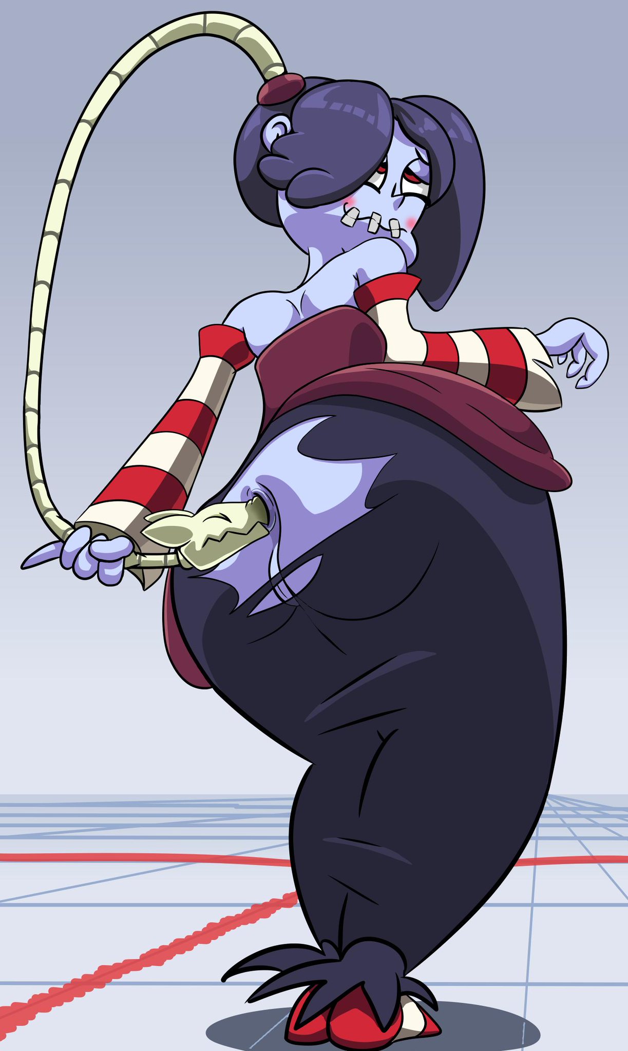 1girls, anal, anal insertion, anal masturbation, anal sex, anus, ass, big ass, bottom heavy, female, female only, leviathan (skullgirls), masturbation, parumpi, pussy, rear view, red eyes, ripped clothing, short hair, skullgirls, smile, solo, squigly, wide hips