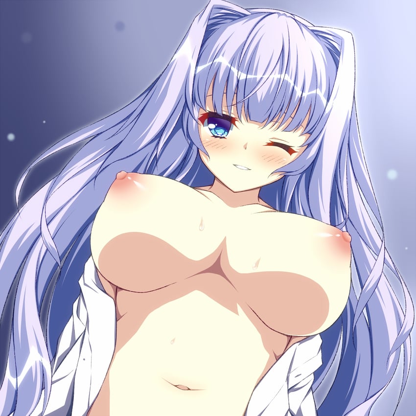 9-nine- asagi_nanami blue_eyes blunt_bangs blush breasts breasts_apart collarbone commentary_request dress_shirt dutch_angle eyebrows_hidden_by_hair eyelashes female from_below hair_intakes highres kousaka_haruka large_breasts light_purple_hair long_hair looking_at_viewer naked_shirt navel nipples one_eye_closed open_clothes open_shirt parted_lips shiny_skin shirt smile solo stomach sweat upper_body very_long_hair white_shirt