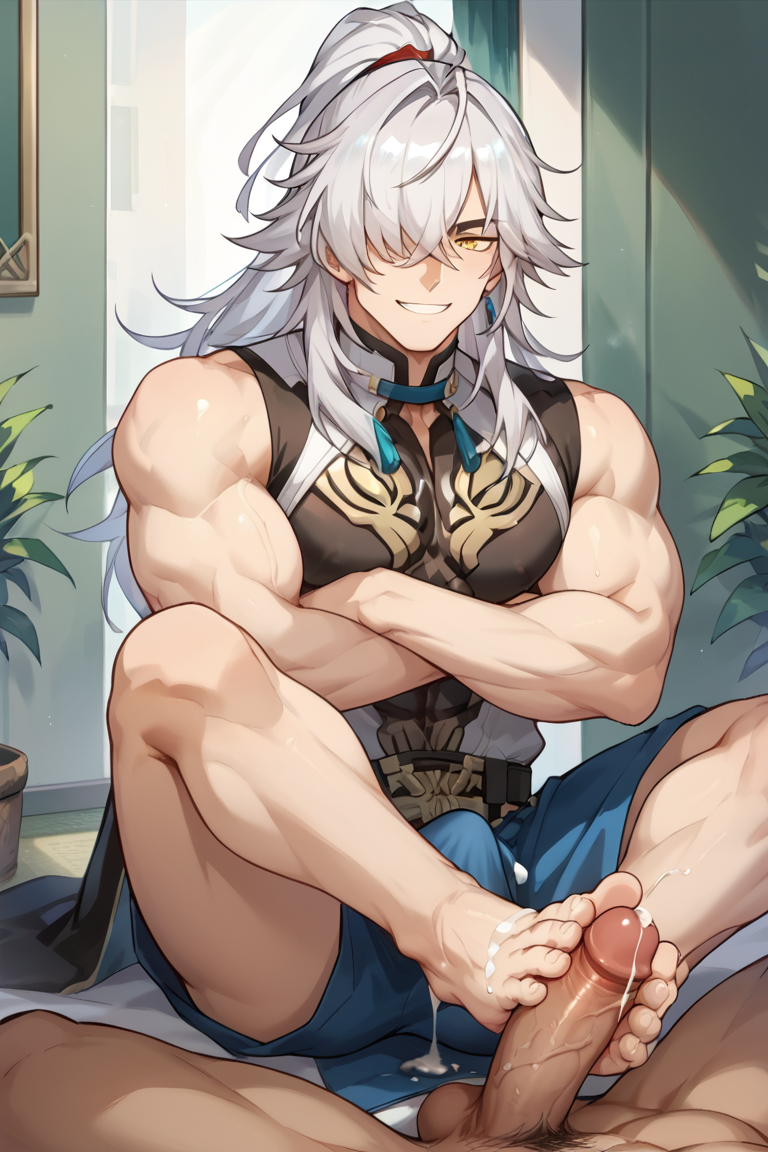 ai_generated at bara bara_butt bara_feet bara_tits best big big_ass big_feet big_pecs big_penis big_thighs bright crossed_arms cum detailed erection_under_clothes feet focus foot_fetish foot_grab foot_worship footjob footwear footwear_only gay gay_sex giant gold_eyes hair honkai:_star_rail honkai_(series) jing_yuan large looking male male_focus male_foot_fetish medium muscle muscular penis perfect precum precum_drip proportions quality shot skin testicles viewer well white_hair yellow_eyes