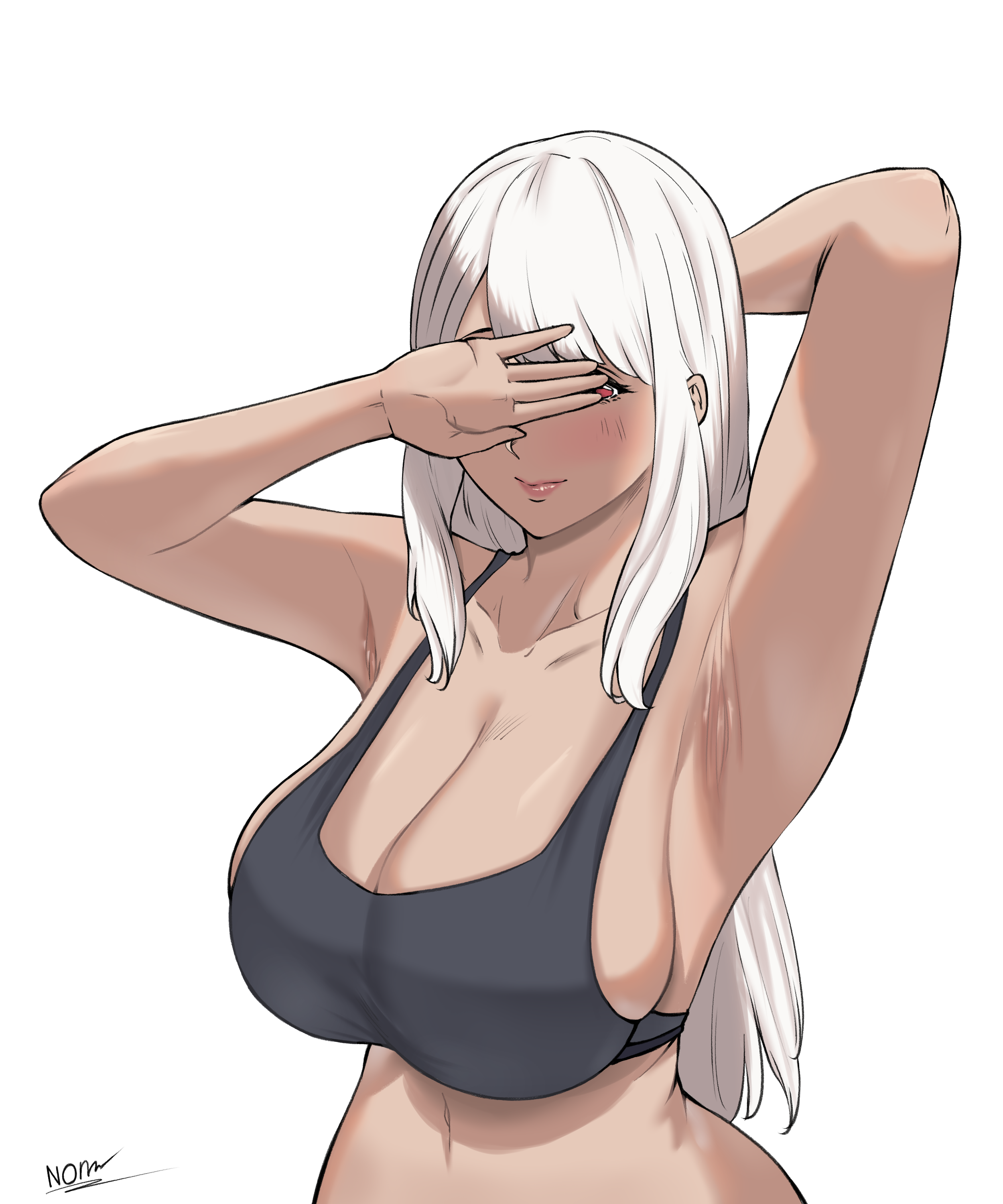 1girls, absurd res, armpits, big breasts, breasts, cleavage, clothed, clothing, covering eyes, female, female only, hi res, long hair, n0n 001, original, solo, solo female, white hair