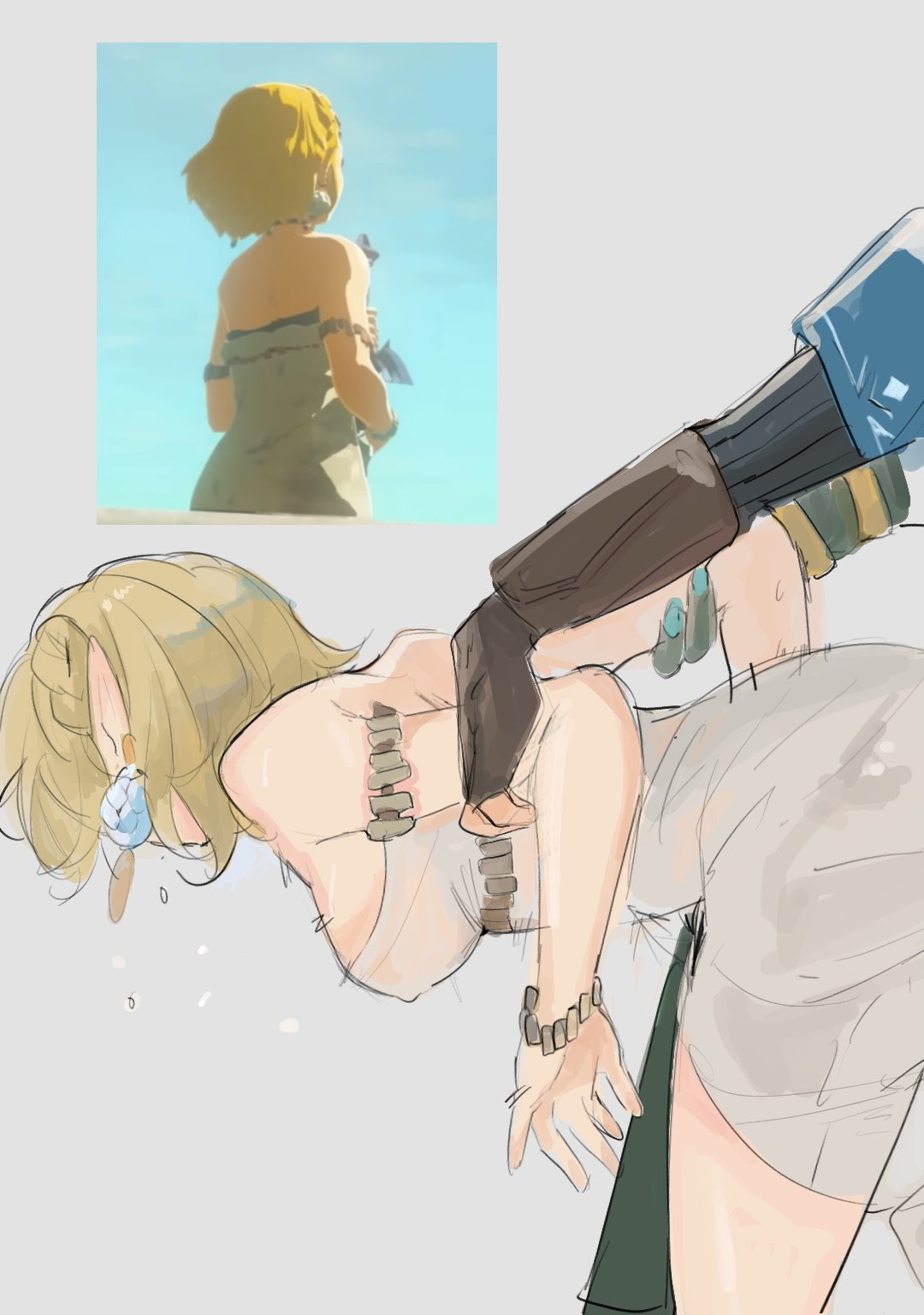 1boy 1girls bent_over blonde_hair hatenokatasumi implied_sex link link_(tears_of_the_kingdom) miwa nipples_visible_through_clothing princess_zelda prison_guard_position tears_of_the_kingdom the_legend_of_zelda zelda_(tears_of_the_kingdom) zonai_outfit