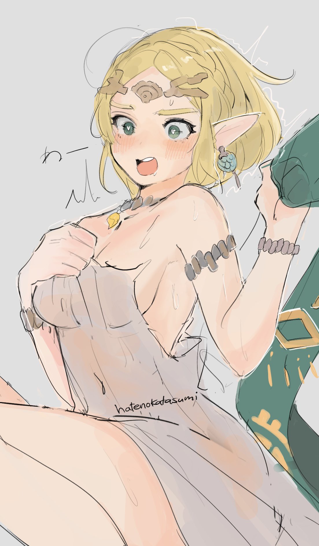 blonde_hair blush elf elf_ears elf_female hatenokatasumi heart-shaped_pupils miwa princess_zelda tears_of_the_kingdom the_legend_of_zelda thick_hips undressing zelda_(tears_of_the_kingdom) zonai_outfit