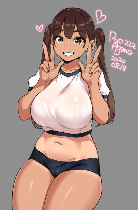 1girls, big breasts, breasts, brown eyes, brown hair, female, female only, hearts, large breasts, looking at viewer, ryo agawa, simple background, smile, solo