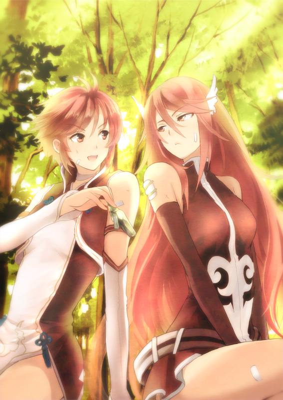 2girls arched_back arm_warmers armband arms_between_legs armwear athletic_female bandage bandaid bandaid_on_face bare_shoulders belt breasts choker cordelia_(fire_emblem) cowlick crossed_legs dress elbow_gloves fire_emblem fire_emblem_awakening fire_emblem_fates forest forest_background friends friendship gloves hair_between_eyes hair_ornament high_collar hinoka_(fire_emblem) hurt injured injury long_gloves long_hair looking_at_another medicine medium_breasts mouth_open multiple_girls nature nintendo offering_gift oka_(umanihiki) open_mouth red_dress red_eyes red_hair sad scar short_dress short_hair sitting sleeveless_dress small_breasts small_waist smooth_skin tall_female thick_thighs thighs very_long_hair white_dress