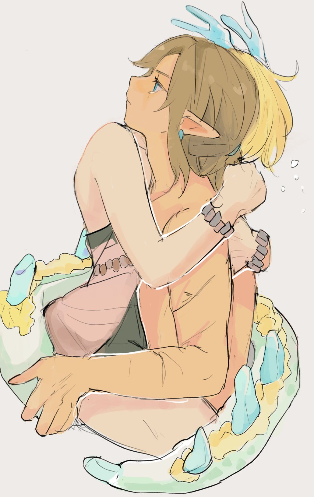 blonde_hair carrying_partner crying_with_eyes_open dragon_tail dragon_zelda elf elf_ears elf_female hatenokatasumi hugging light_dragon_(totk) light_dragon_(zelda) link link_(tears_of_the_kingdom) miwa princess_zelda tail_wrapped_around tears_of_the_kingdom the_legend_of_zelda wholesome zelda_(tears_of_the_kingdom) zonai_outfit