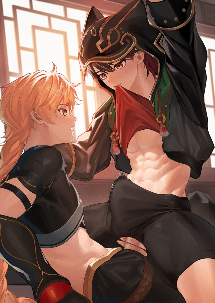 2boys aether_(genshin_impact) ahoge anal black_hood black_jacket black_pants black_shirt black_shorts black_sleeves blonde_hair braid brown_eyes brown_hair bulge closed_mouth clothes_lift crop_top cum gaming_(genshin_impact) genshin_impact hair_between_eyes hood hood_up jacket long_hair long_sleeves male_focus midriff mouth_hold multicolored_hair multiple_boys muscular muscular_male navel nayoshi_(r-744) open_mouth pants penis red_hair red_shirt sex shirt shirt_lift shorts stomach tassel yaoi yellow_eyes