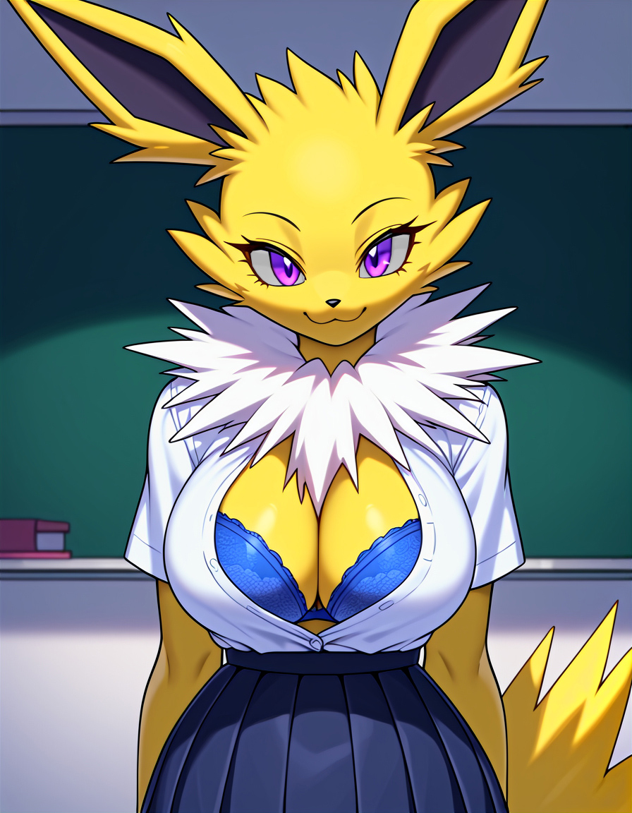 ai_generated big_breasts blue_bra blue_skirt breasts cleavage eeveelution female female_focus female_only furry jolteon kemonogirls large_breasts nintendo open_clothes open_shirt pleated_skirt pokemon pokemon_(species) purple_eyes school_uniform solo two_tone_body two_tone_fur white_fur yellow_fur