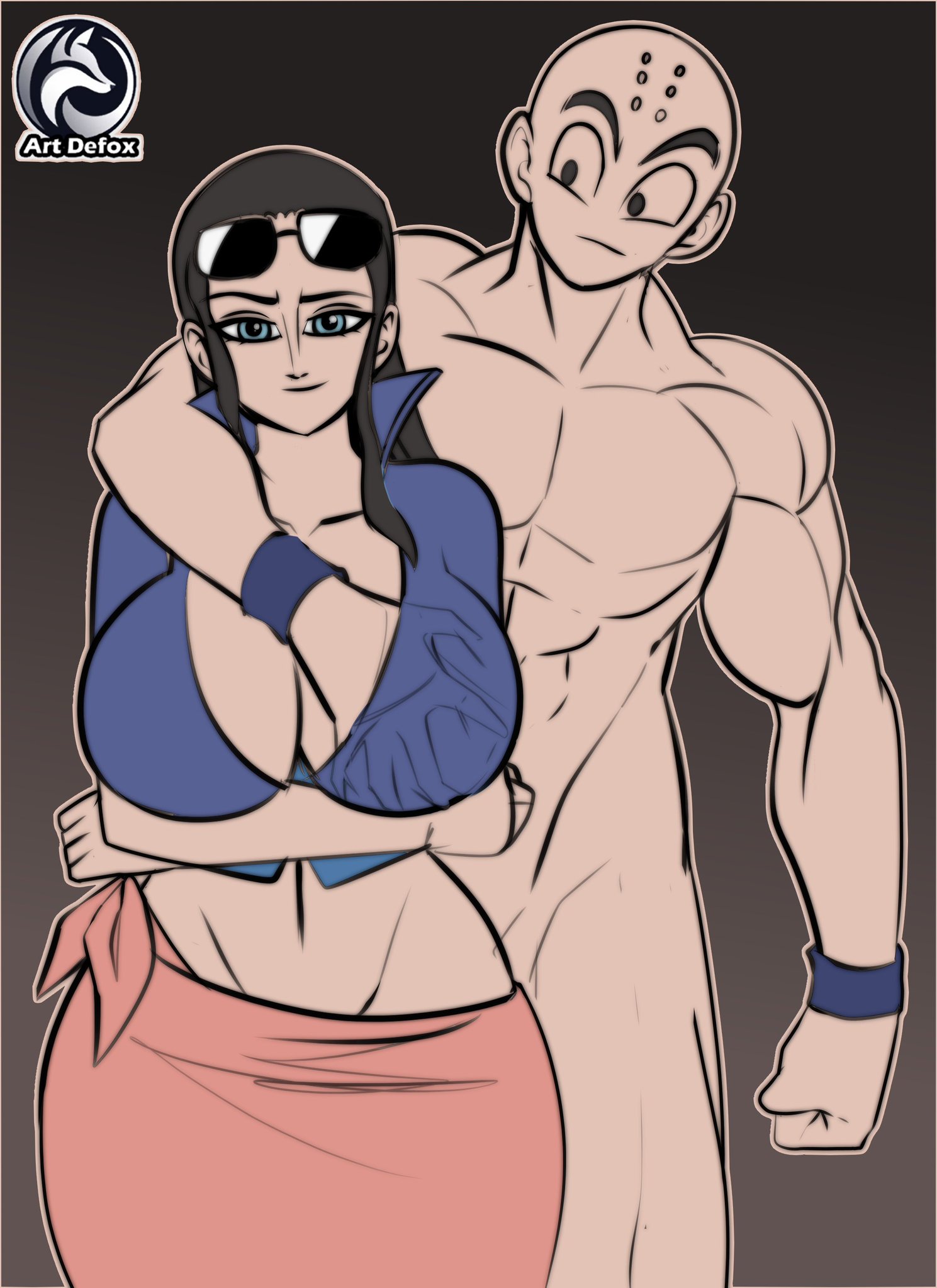 1boy, 1girls, abs, alternate breast size, artdefox, ass, bare arms, bare legs, bare shoulders, bare thighs, big breasts, black hair, blue eyes, breasts, color, crossover, dragon ball, dragon ball z, female, grabbing breasts, hand on breast, hi res, huge breasts, krillin, kuririn, large breasts, light skin, light-skinned female, long hair, looking at viewer, male, male/female, muscles, muscular, muscular male, nico robin, one piece, shounen jump, straight, thick thighs
