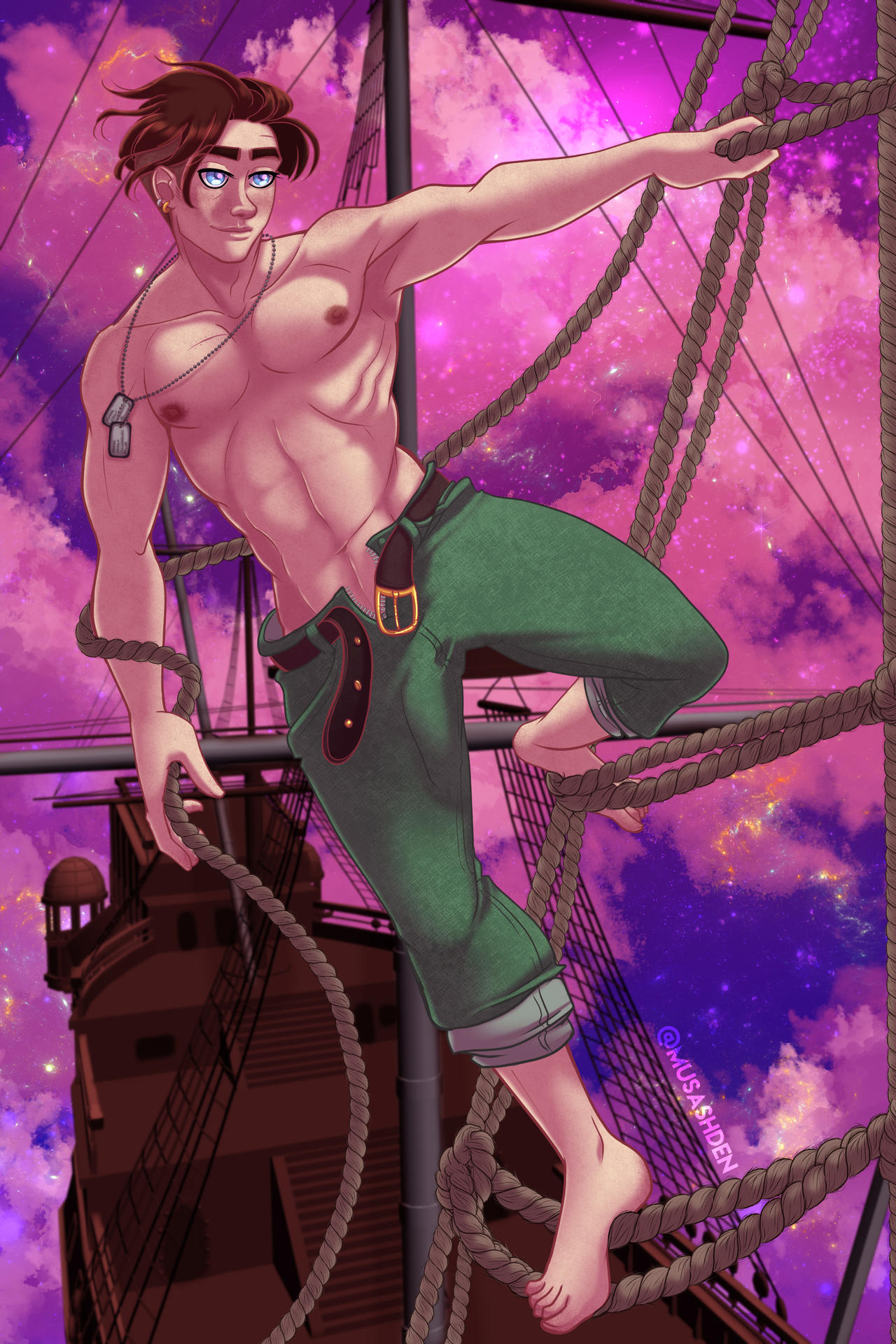 1boy abs barefoot belt_unbuckled bishonen disney dog_tags earrings eyeliner fit_male jim_hawkins musashden no_visible_genitalia pirate_ship rope shirtless space treasure_planet