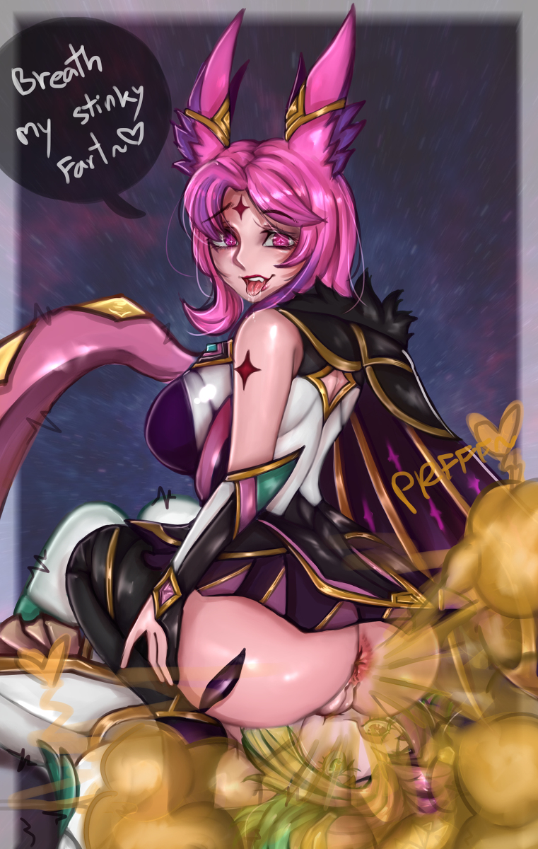 2girls animal_ears anus chro-sis facesitting fart fart_cloud fart_fetish fart_in_face farting farting_in_face femdom femsub league_of_legends multiple_girls neeko no_panties pink_hair pussy riot_games sitting_on_person tattoo text_bubble tongue_out xayah