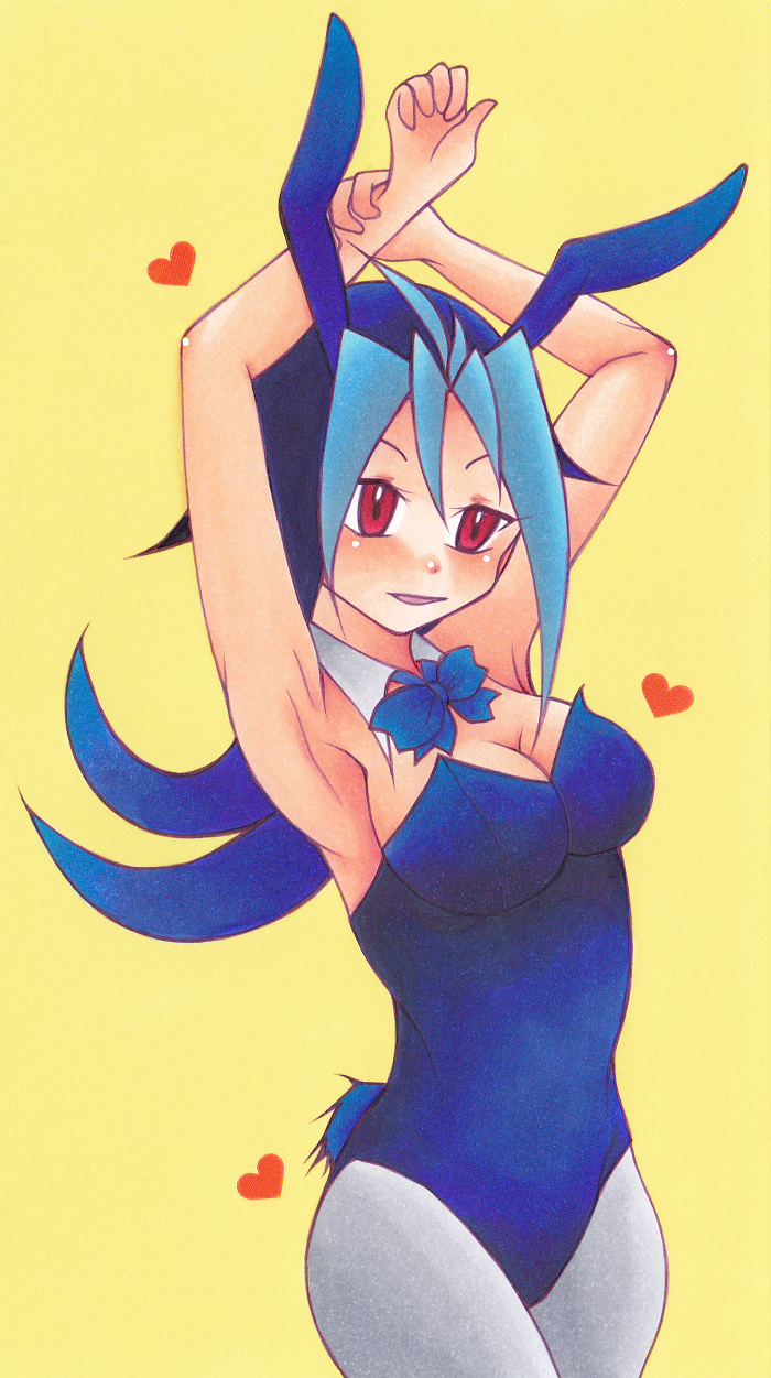 arms_up blue_hair blush bunny_ears bunny_girl bunnysuit female heart hi_res kamishiro_rio long_hair looking_at_another pose red_eyes rio_kamishiro smile solo suit torimaritomousu yu-gi-oh! yu-gi-oh!_zexal