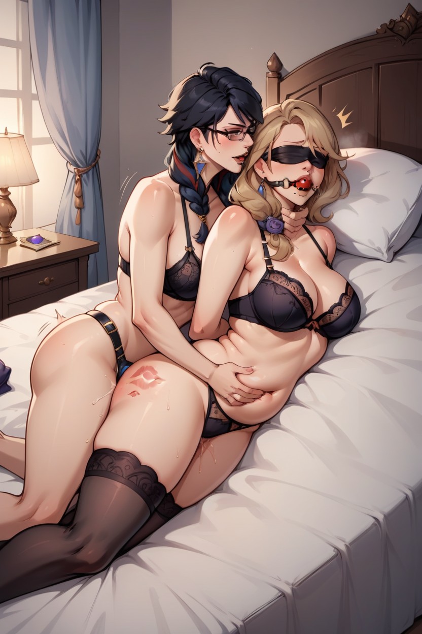 2:3 2girls ai_generated arms_behind_back arms_tied ass ball_gag bayonetta bayonetta_(character) bayonetta_2 bed big_ass big_breasts birdawg16 black_hair blindfold blindfolded_female blue_dildo blue_strap-on bondage breasts brown_hair choking crossover dildo dildo_in_ass dommy_mommy female female_only genshin_impact glasses hand_around_neck kiss_mark large_breasts laying_on_bed laying_on_stomach lezdom lezsub lingerie lisa_(genshin_impact) mommy multiple_girls pounding red_ball_gag rough_sex sex short_hair spank_marks spooning strap-on strap-on_in_ass strap-on_sex strapon witch witches yuri