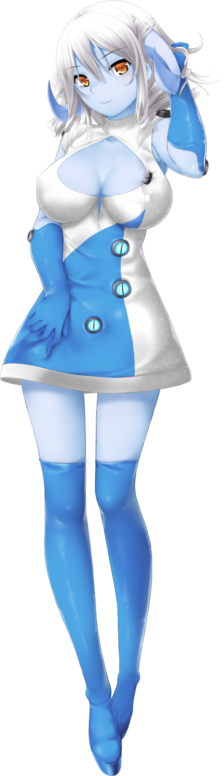 1girls alien_girl big_ass big_breasts blue_skin celeste_luvendass cleavage curvy female female_only hazel_eyes horns huniepop shoulder_length_hair smiling_at_viewer taller_female white_hair