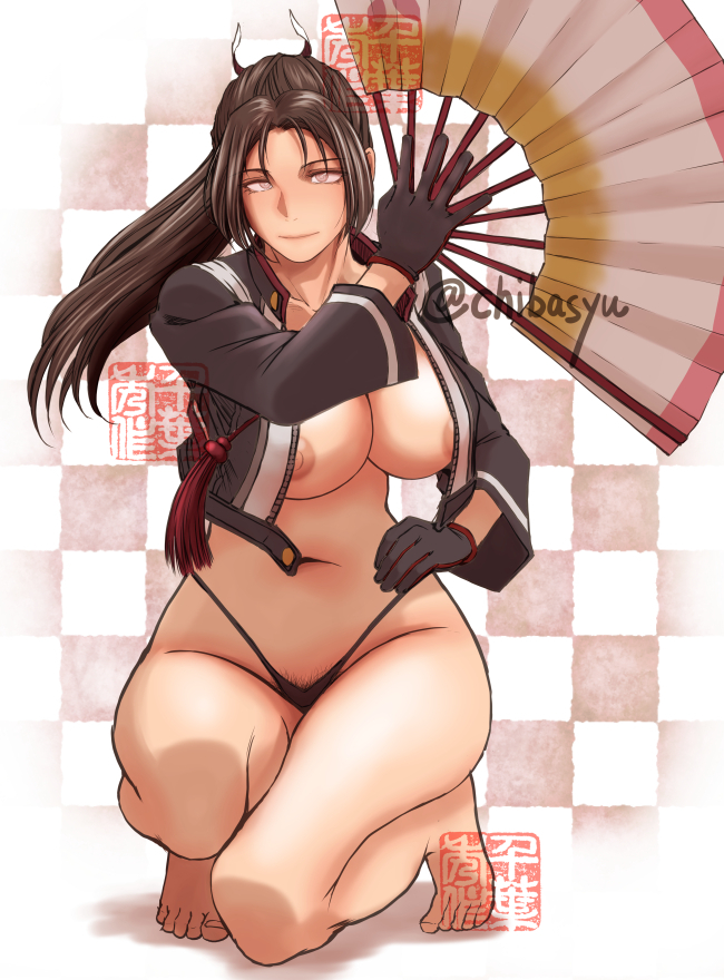 areola_slip black_gloves black_jacket breasts brown_eyes brown_hair chiba_shuusaku crop_top cropped_jacket fatal_fury fatal_fury:_city_of_the_wolves female female_pubic_hair folded_fan folding_fan gloves hand_fan high_ponytail holding holding_fan jacket large_breasts long_hair looking_at_viewer ninja nipple_slip nipples no_bra official_alternate_costume ponytail print_jacket pubic_hair pubic_hair_peek revealing_clothes shiranui_mai simple_background smile snk solo thighs thong