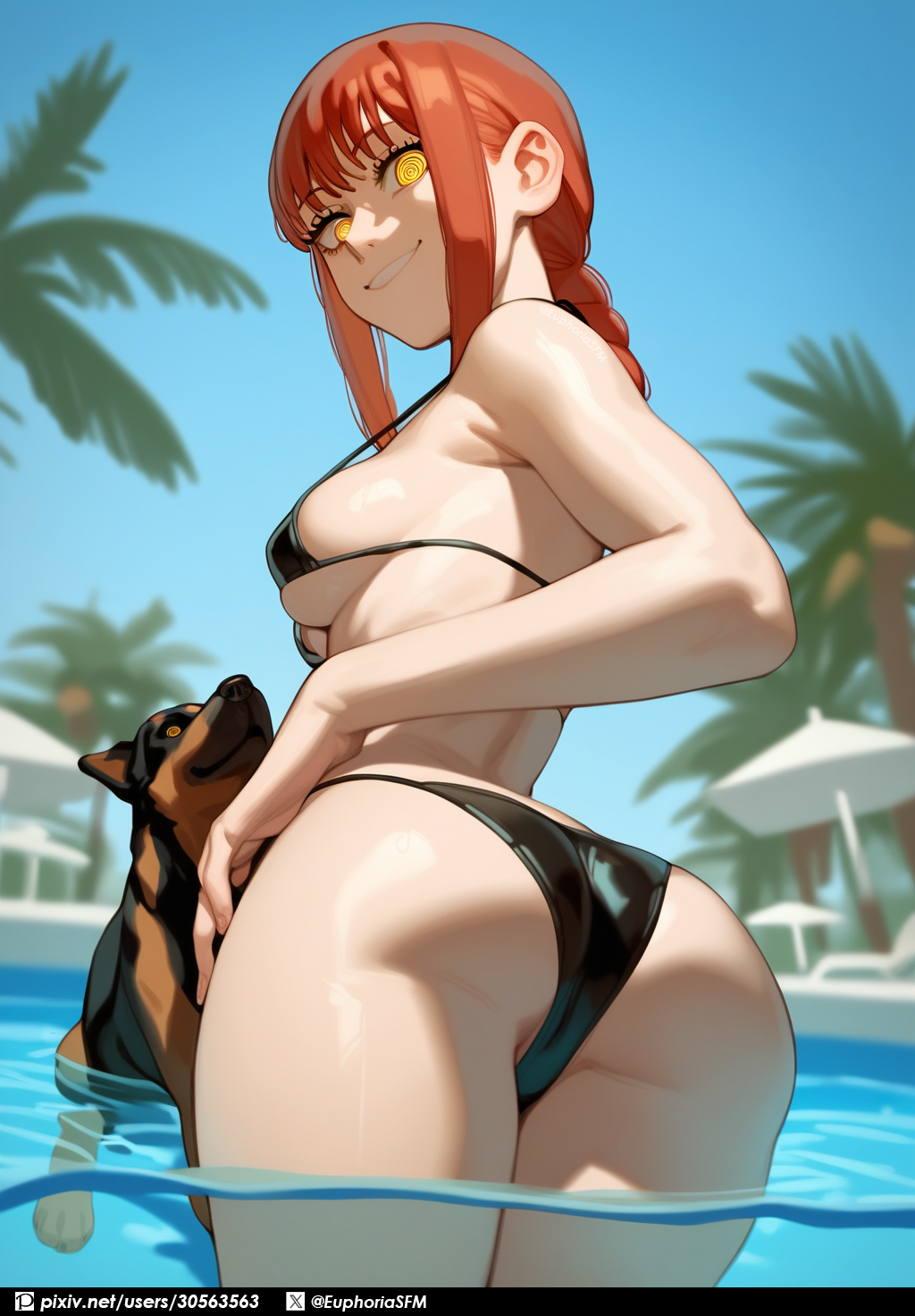 1girls ai_generated ass back bangs bikini black_bikini breasts canine chainsaw_man eyes from_below light-skinned_female long_hair makima_(chainsaw_man) micro_bikini outdoors palm_tree ponytail pool pov red_hair smiling smiling_at_viewer thats_euphoria water yellow_eyes