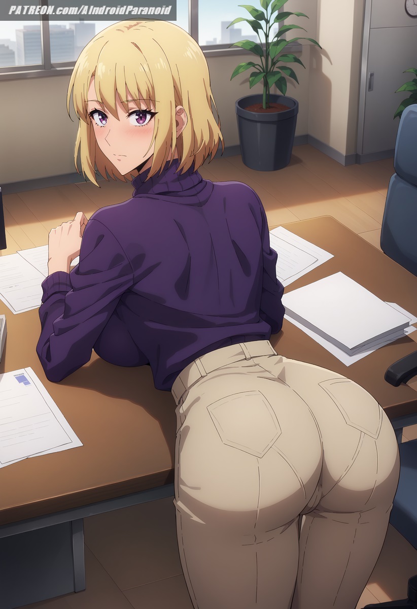 1girls ai_generated aindroidparanoid ass ass_focus bent_over big_breasts big_butt blonde_female blonde_hair brown_eyes cameltoe cha_hae_in fat_ass female female_only hips huge_ass huge_breasts huge_butt indoors large_ass large_breasts large_butt leaning_forward light-skinned_female light_skin looking_at_viewer narrow_waist office on_desk on_stomach on_table pants purple_eyes short_hair slim_waist smile smiling smiling_at_viewer solo solo_leveling stable_diffusion sweater teacher tight_clothing turtleneck wide_hips