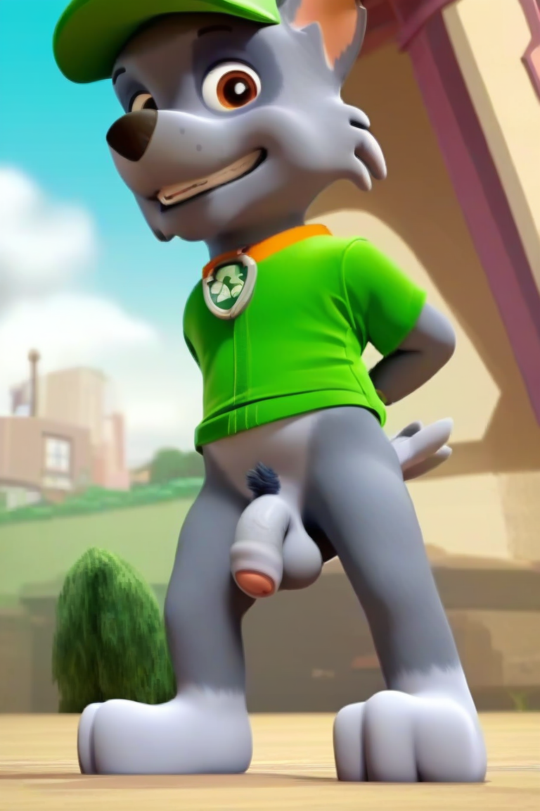 1boy ai_generated balls canid canine domestic_dog flaccid_penis foreskin from_below furry furry_male furry_only grin looking_at_viewer luxeraora10 male male_only paw_patrol penis pubic_hair rocky_(paw_patrol) slim