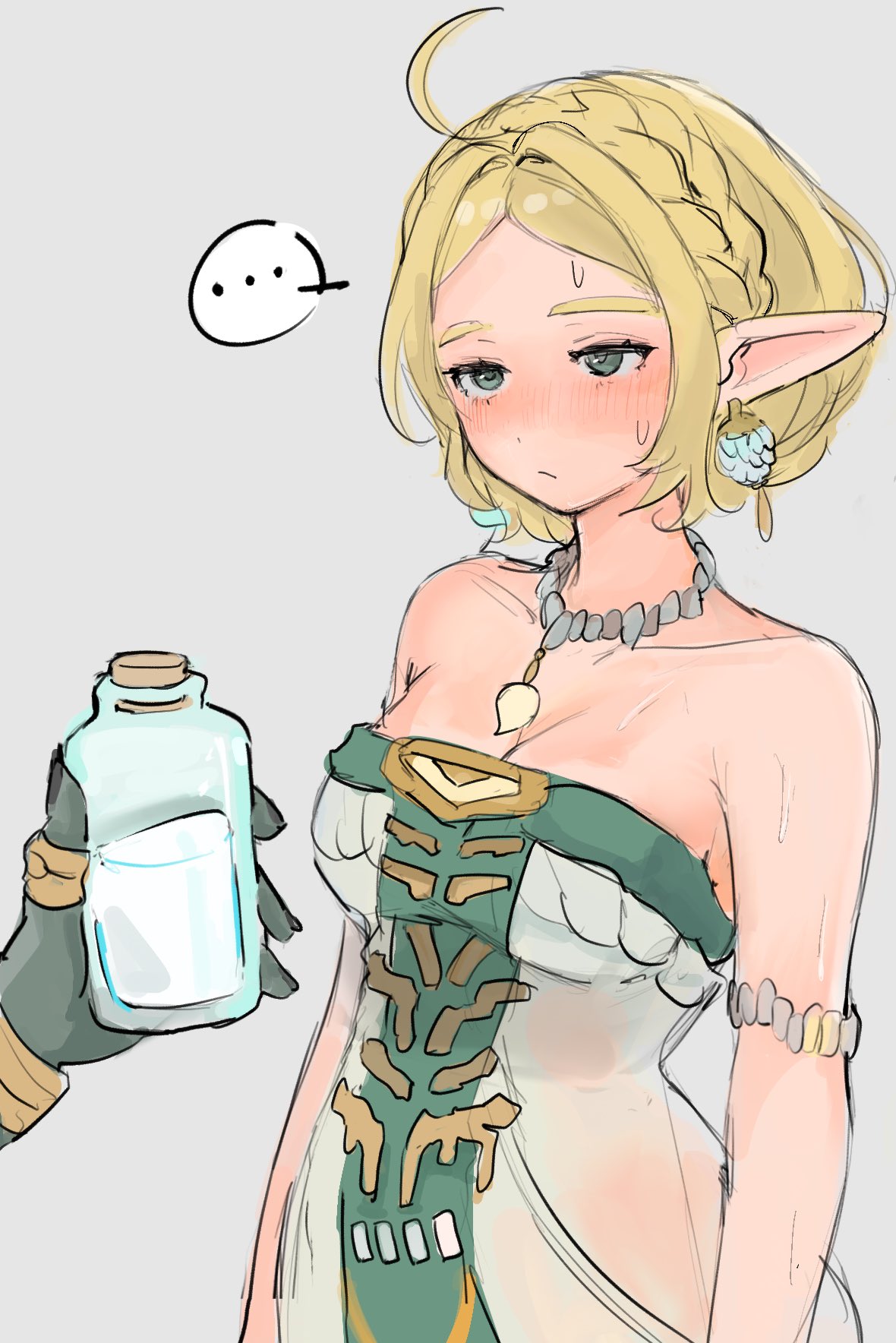 blonde_hair blush breast_milk elf elf_ears elf_female hatenokatasumi heart-shaped_pupils link_(tears_of_the_kingdom) milk milk_bottle miwa princess_zelda tears_of_the_kingdom the_legend_of_zelda zelda_(tears_of_the_kingdom) zonai_outfit